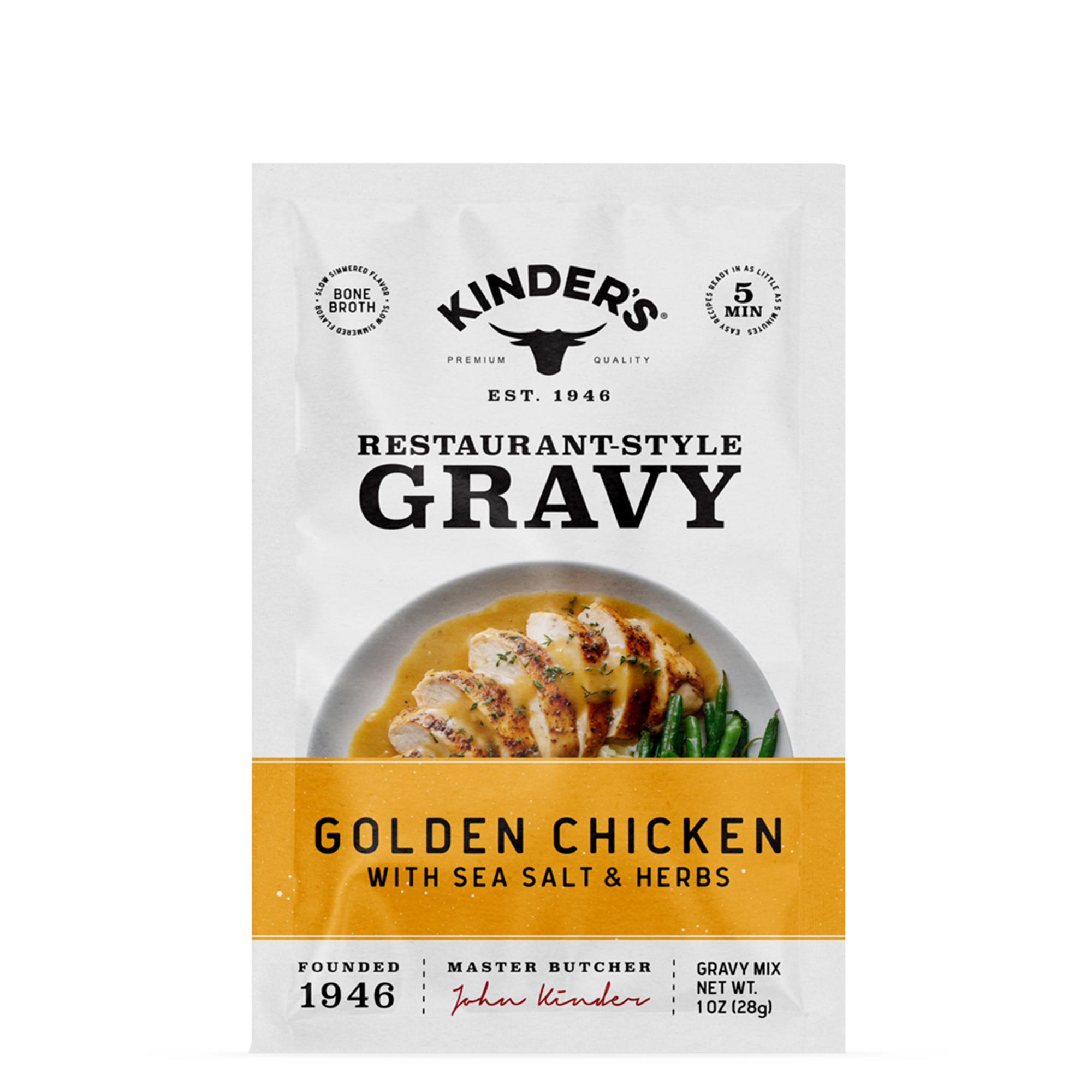 Golden chicken gravy mix packet with sea salt and herbs, restaurant-style packaging.