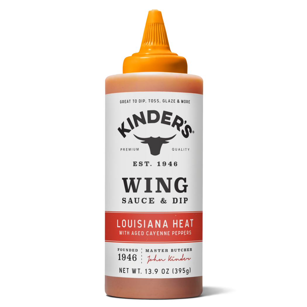 Kinders Louisiana Heat wing sauce and dip bottle with orange cap, labeled for aged cayenne peppers