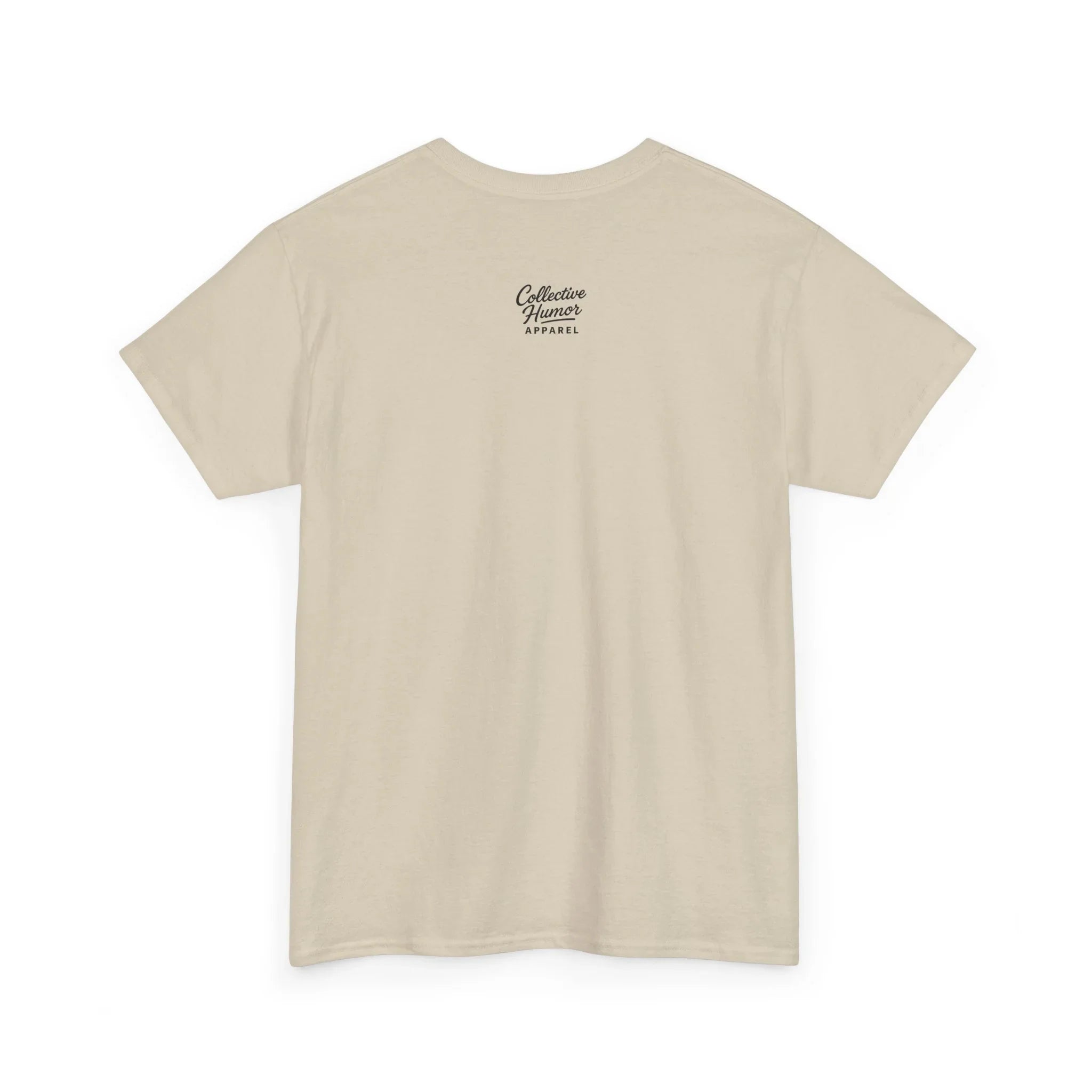 Beige short sleeve t-shirt with small "Collective Humor Apparel" text on the upper back.