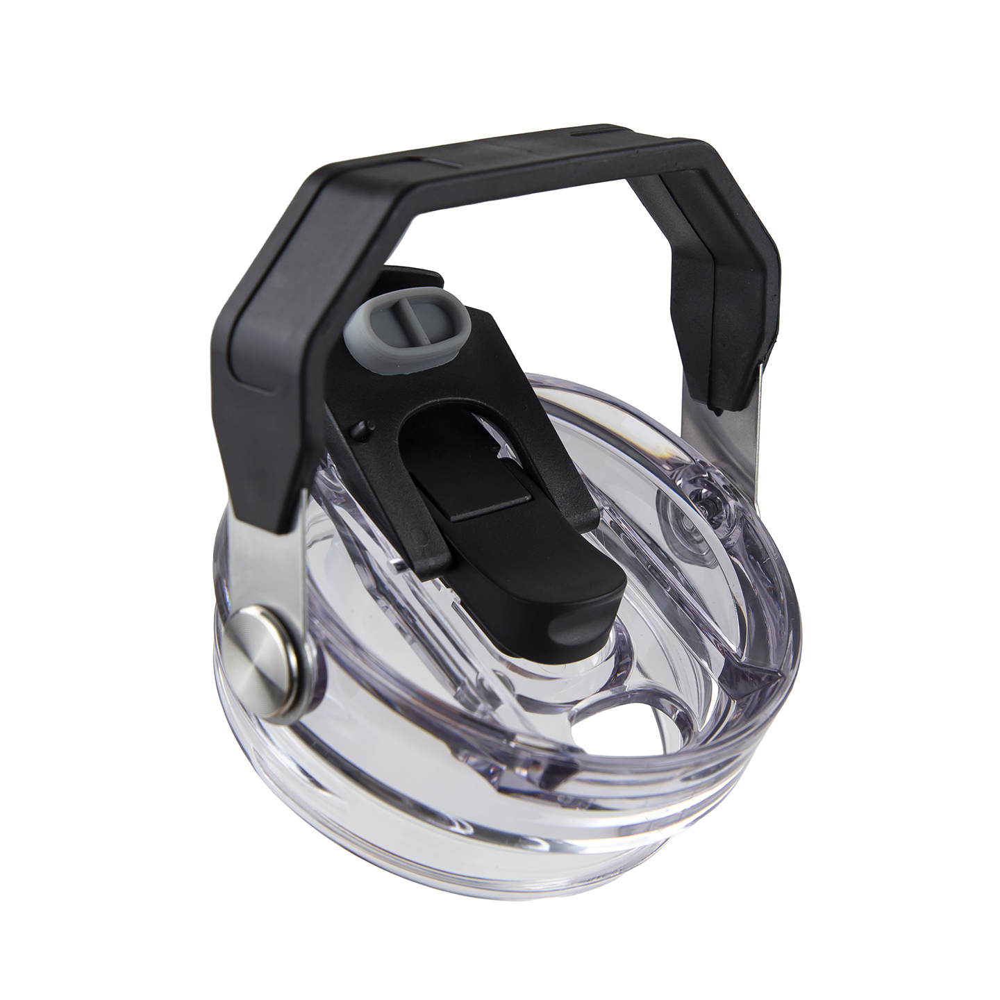 Clear twist-on water bottle lid with black flip spout and sturdy carry handle