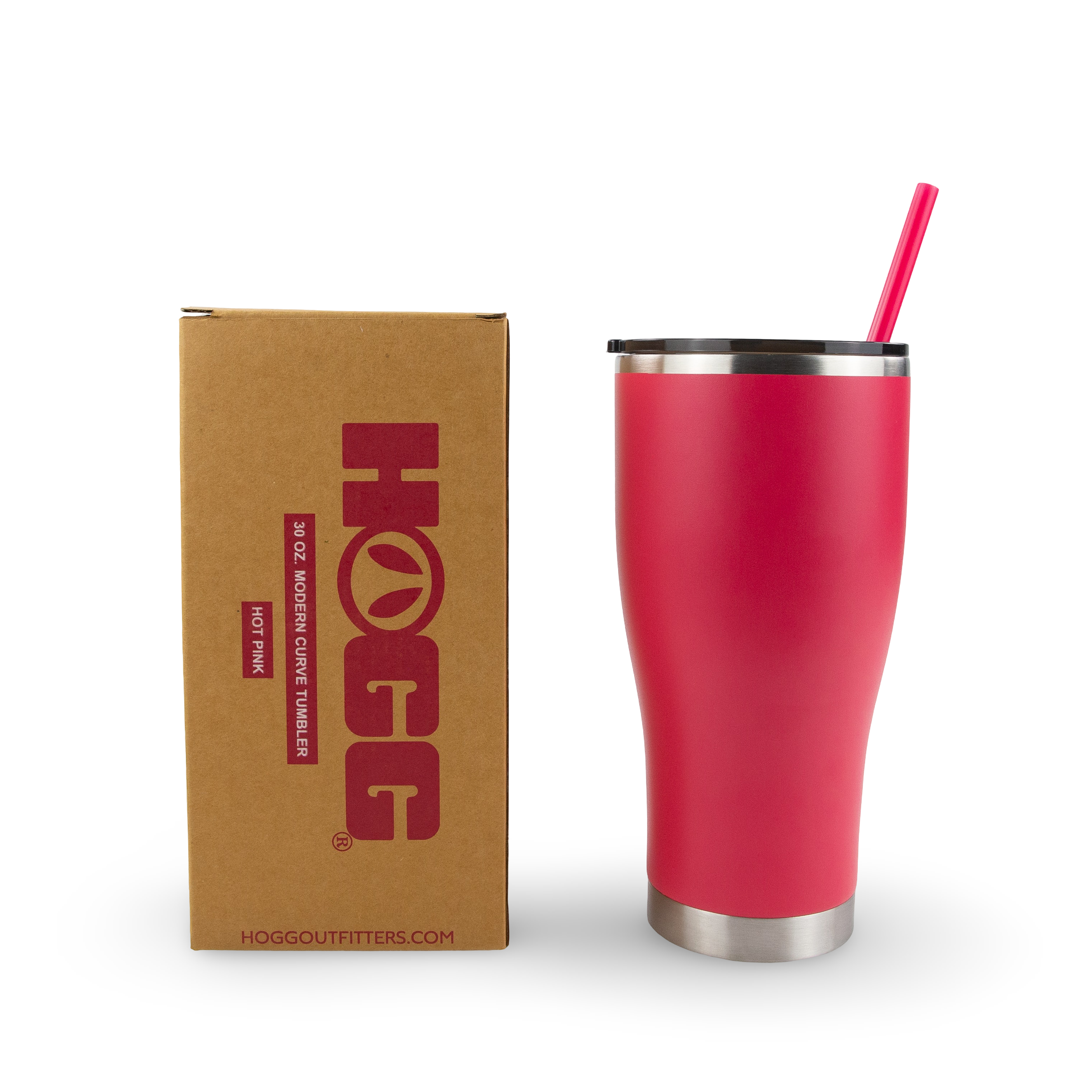 Hot pink 30oz insulated tumbler with straw next to branded box for outdoor use
