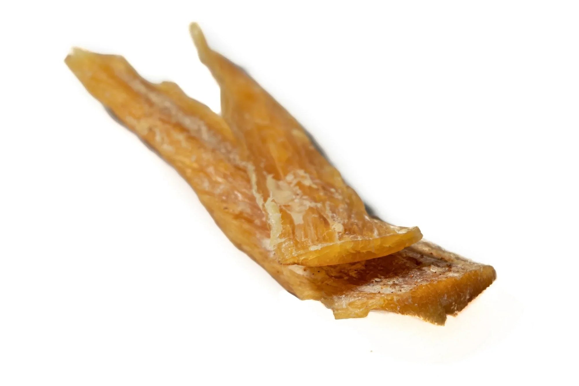 Dried beef tendon dog chew treat on white background