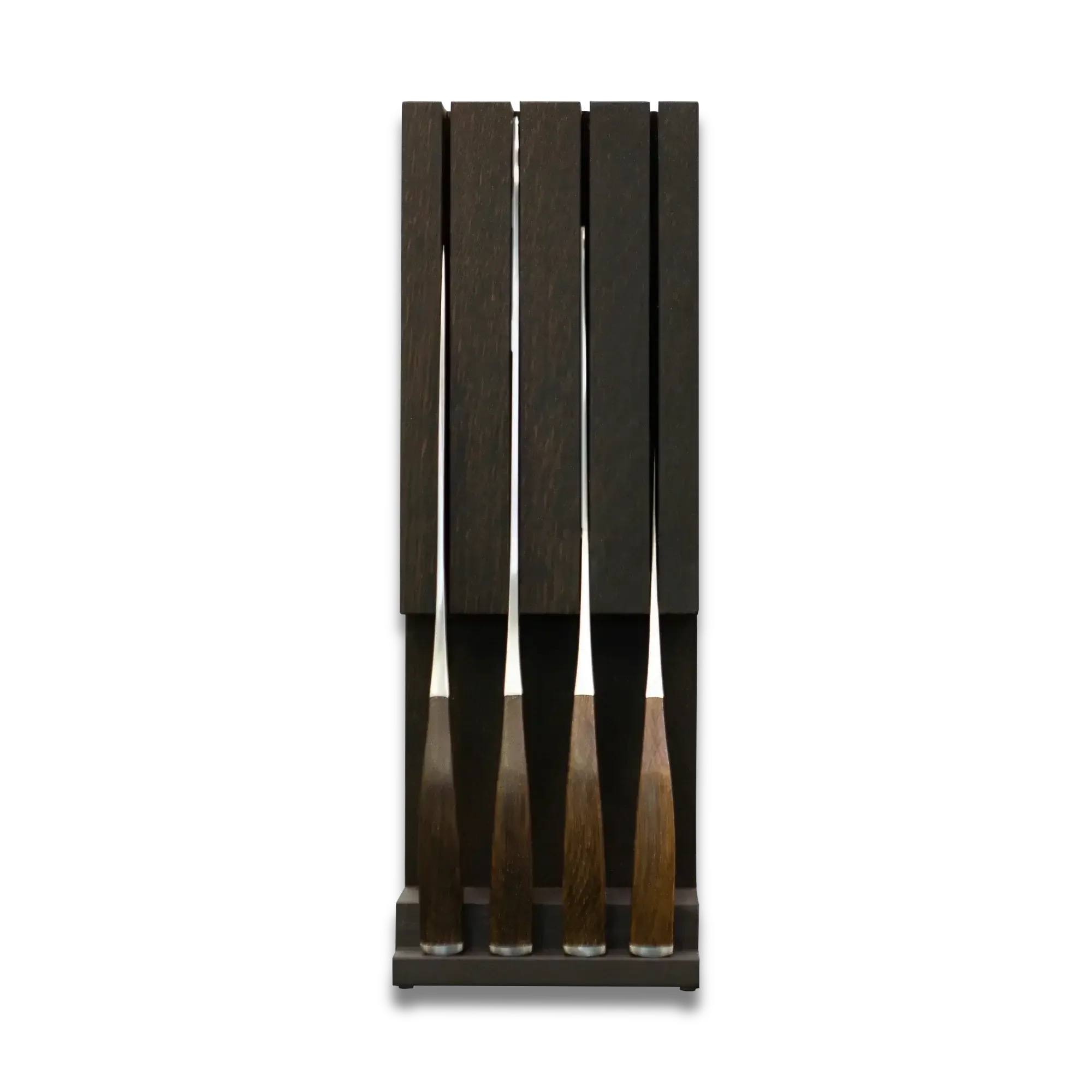 Set of four hunting knives with wooden handles in a dark wood block, on black background