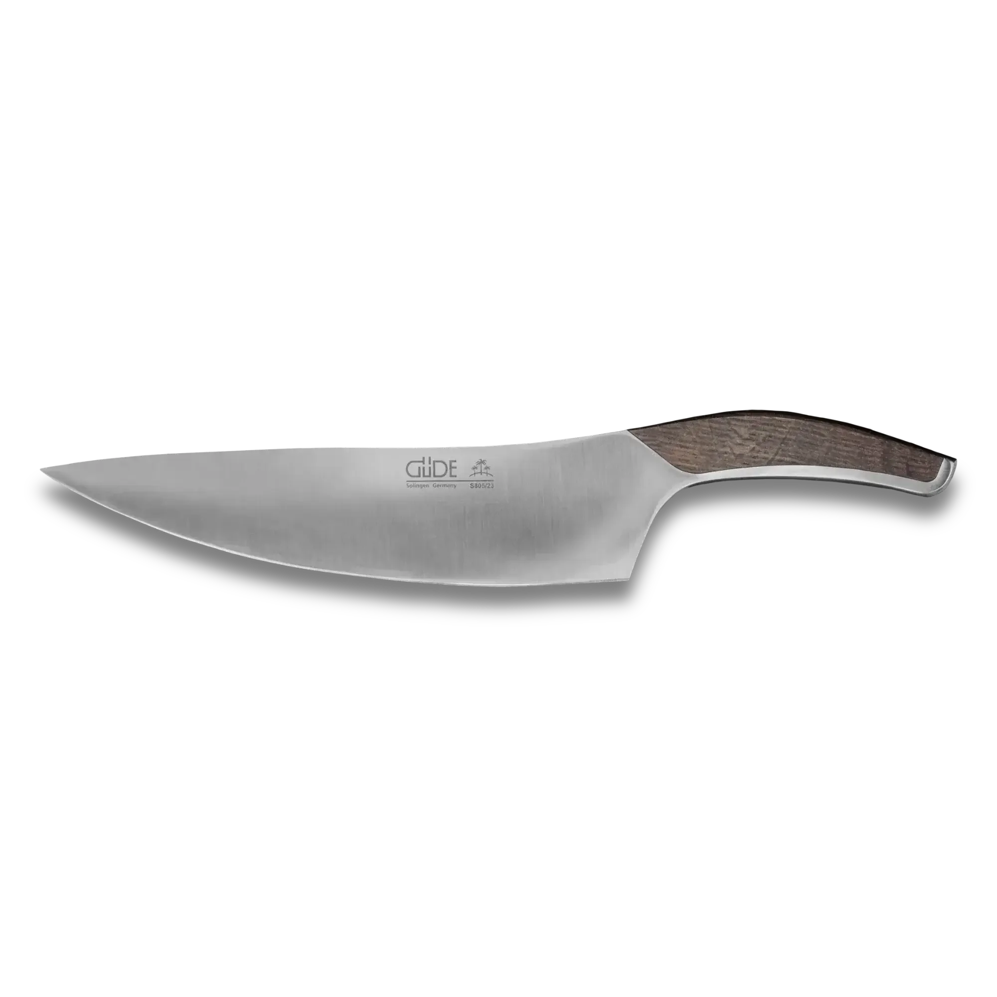Stainless steel chef knife with ergonomic wooden handle on black background