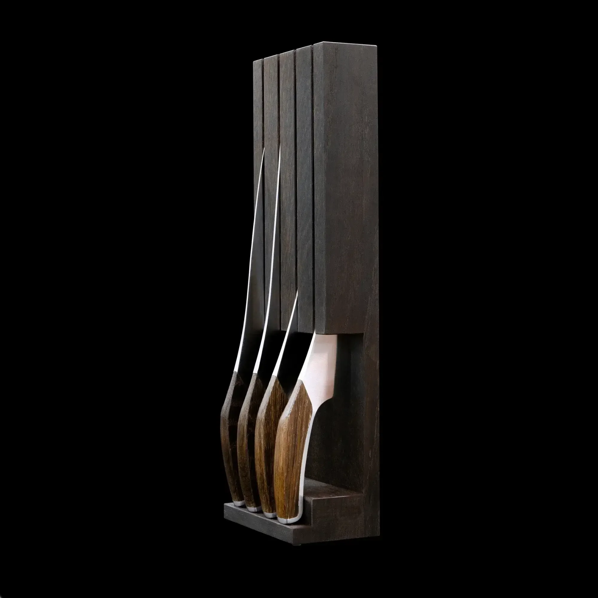 Set of four wooden-handled knives in vertical dark wood knife block, black background