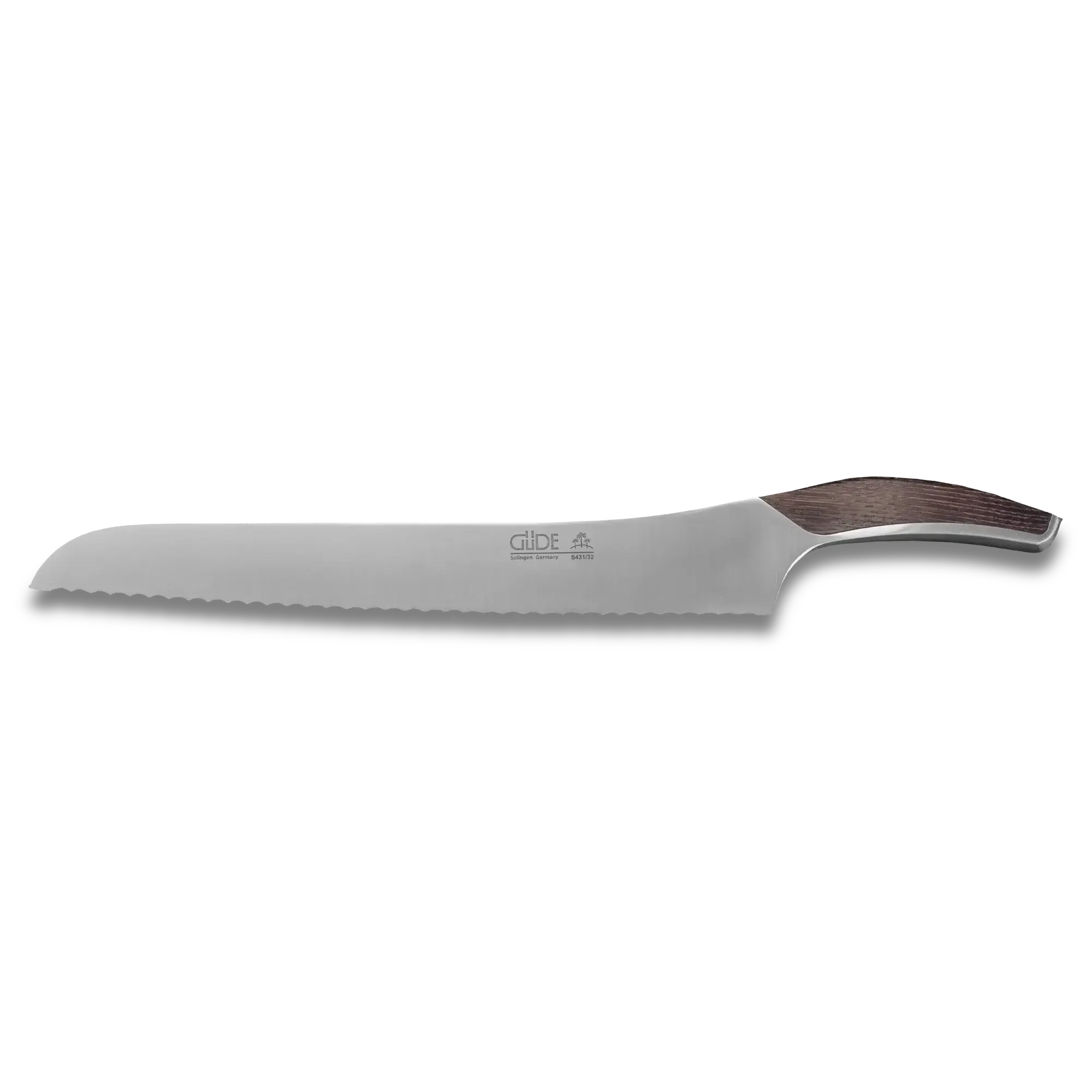 Serrated bread knife with stainless steel blade and dark wood handle on black background