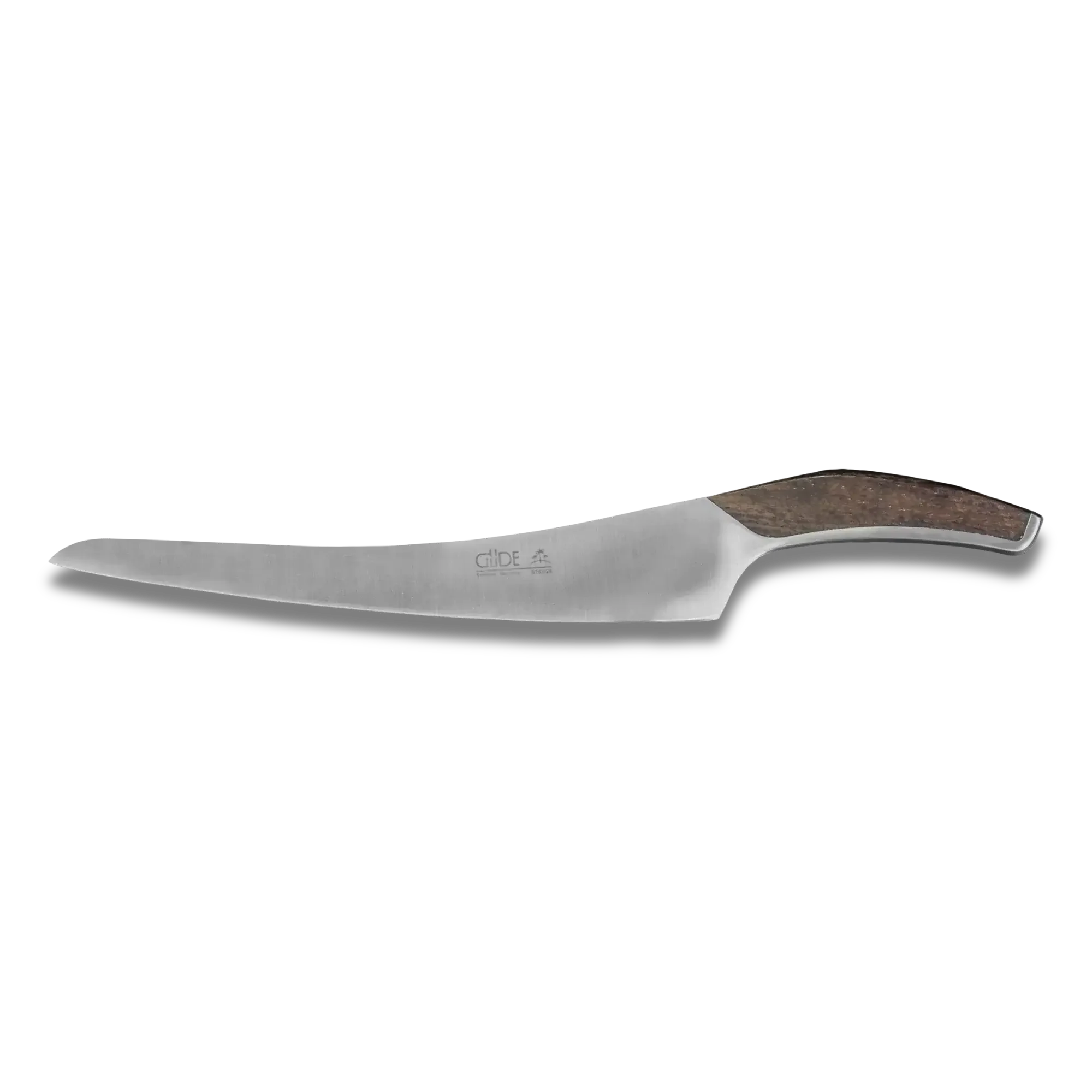 Stainless steel fillet knife with wood handle on black background, camping and hunting gear