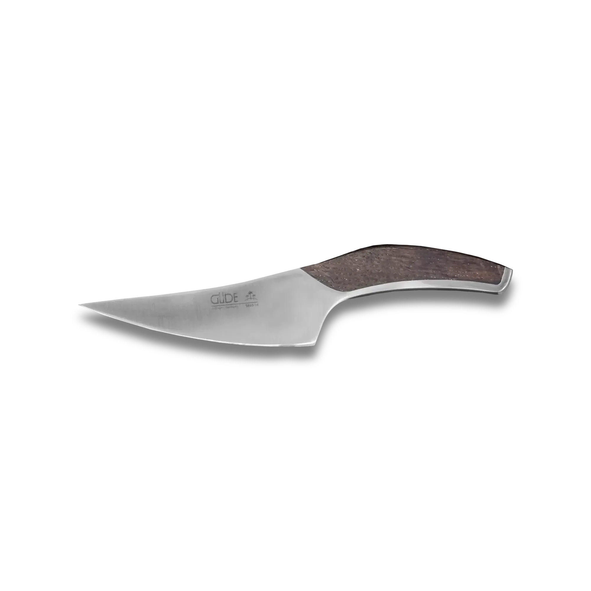 Curved outdoor hunting knife with silver blade and dark textured handle on black background