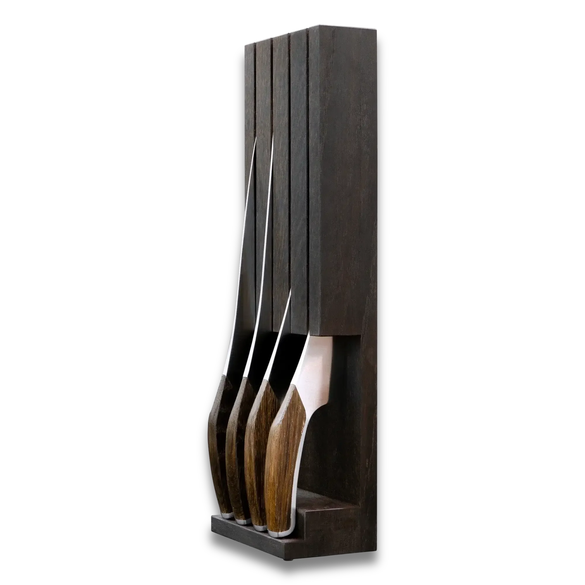 Set of four hunting knives with wooden handles in a vertical dark wood block on black background.