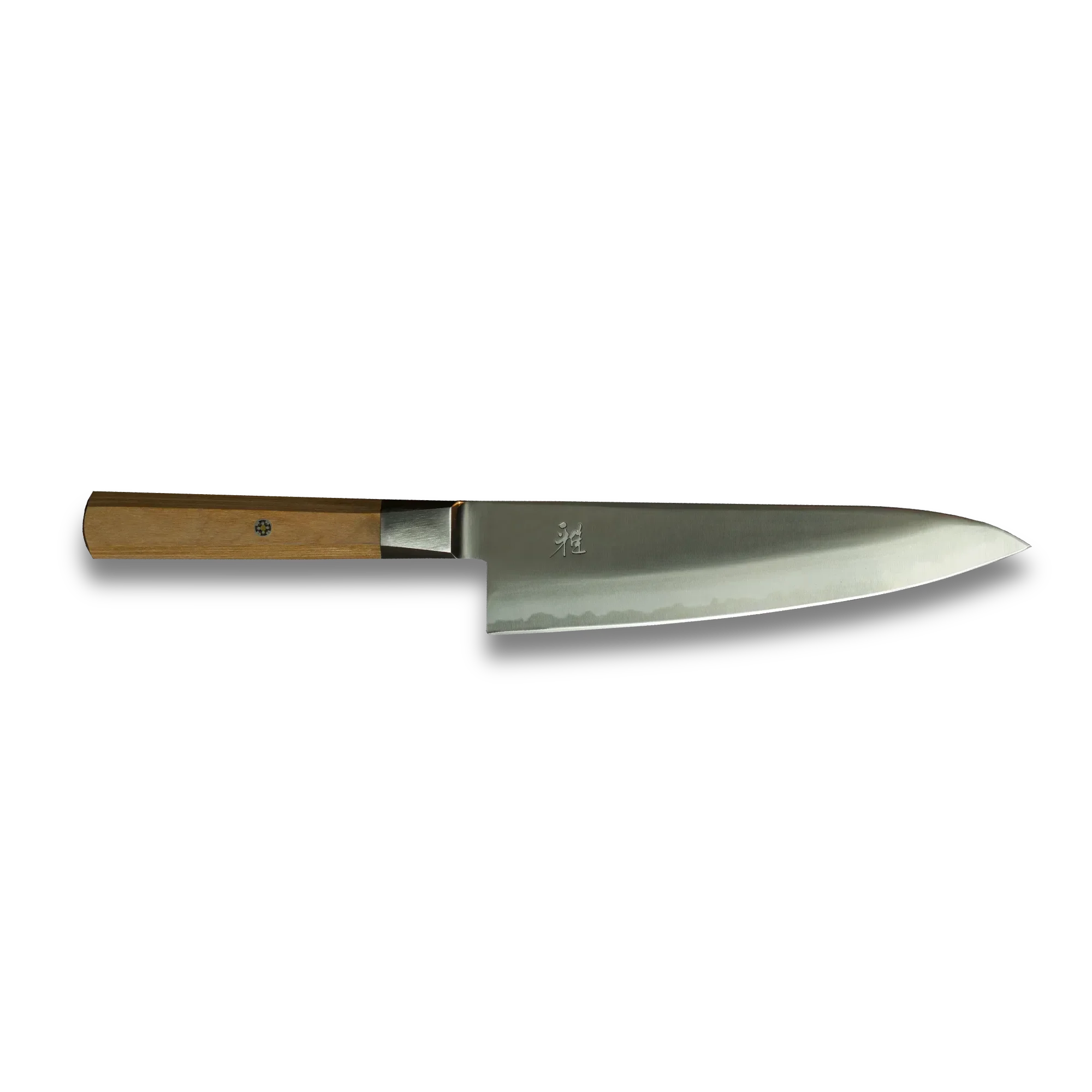 Japanese-style chef knife with wooden handle and sharp steel blade on black background