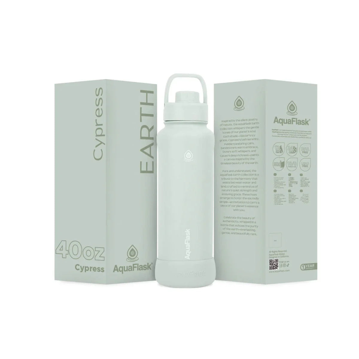 40oz AquaFlask Earth Cypress reusable water bottle with packaging, outdoor gear accessory