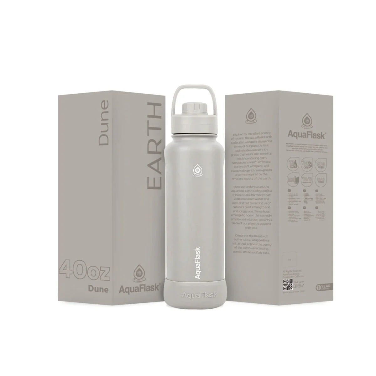 Beige 40oz insulated water bottle with handle, shown with matching AquaFlask Earth Dune packaging.