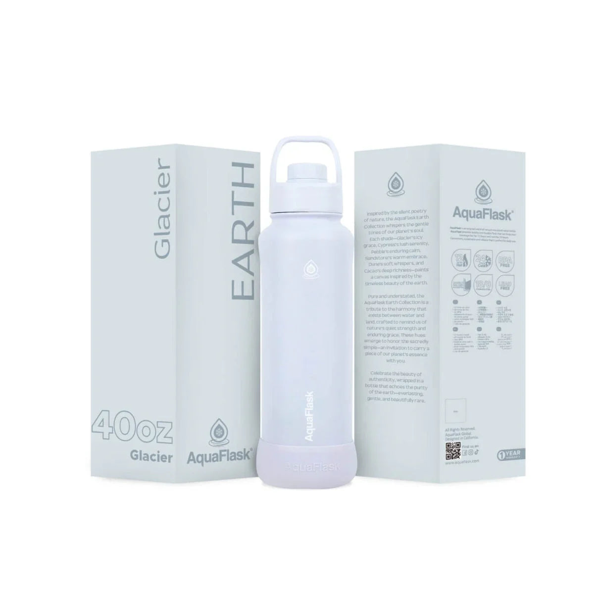 40oz insulated water bottle in glacier white with packaging, suitable for outdoor camping
