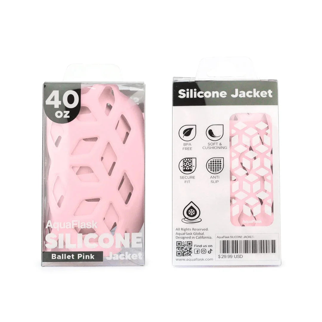 Pink silicone jacket for 40oz water bottle, geometric cutout design, packaging shown front and back.