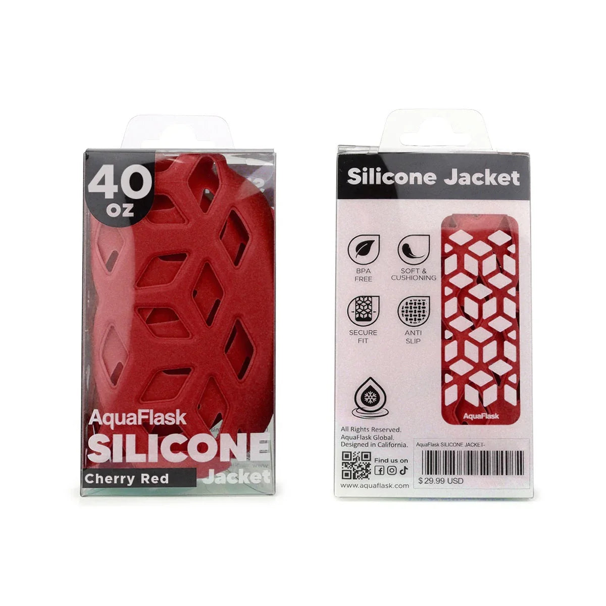 Cherry red 40oz silicone jacket for water bottles, packaged front and back with cutout design.