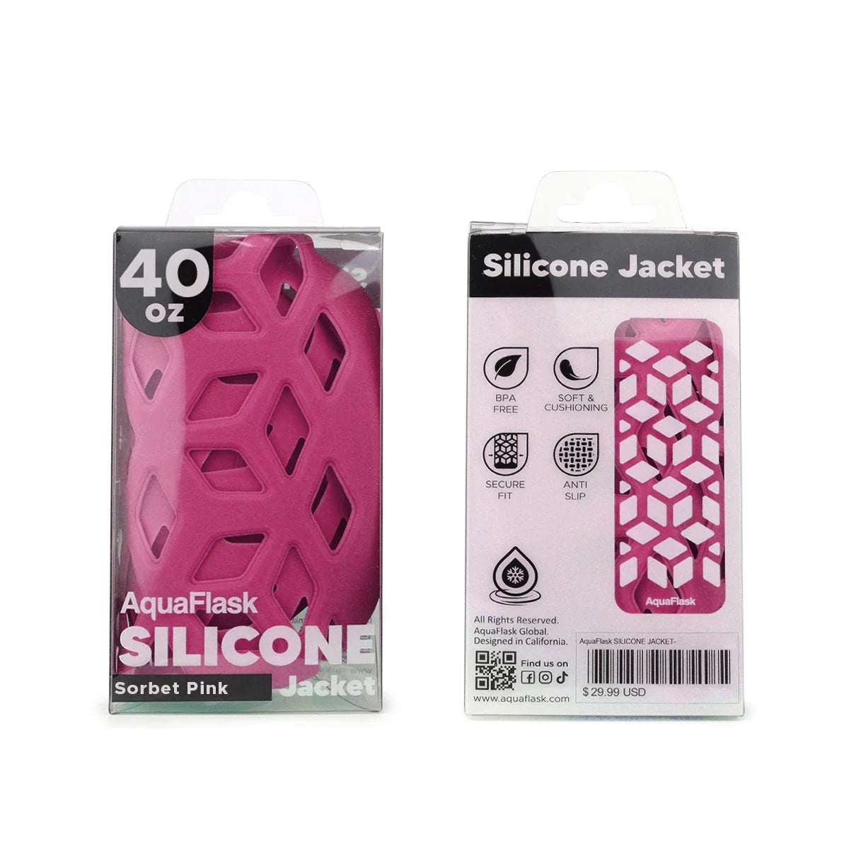 AquaFlask 40oz Sorbet Pink silicone water bottle jacket in retail packaging, BPA free