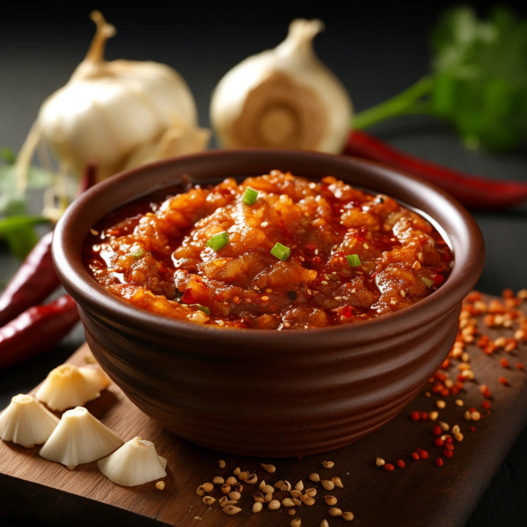 Spicy tomato and chili salsa in brown bowl, with garlic and herbs on wooden board