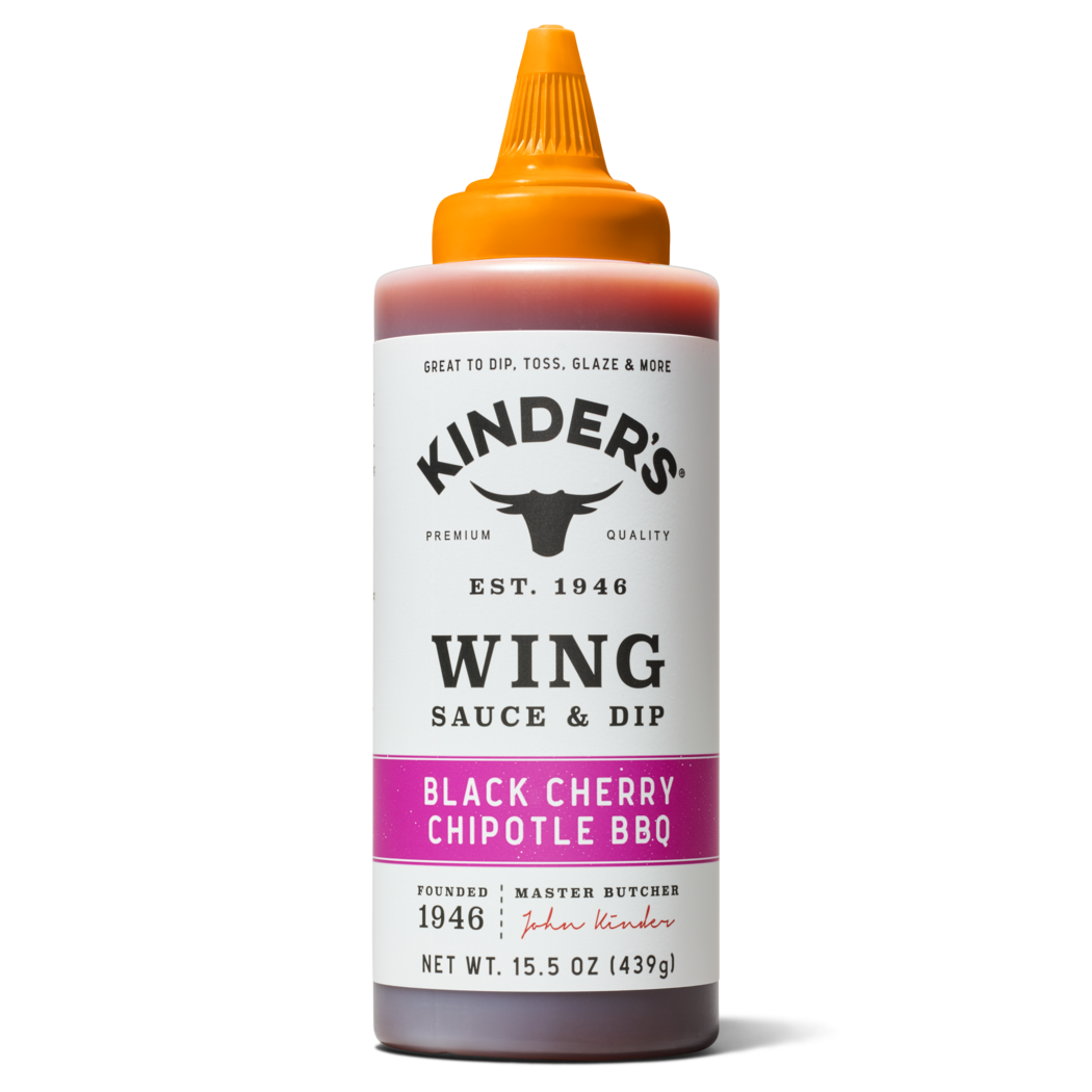 Kinder's Black Cherry Chipotle BBQ wing sauce and dip bottle with orange cap