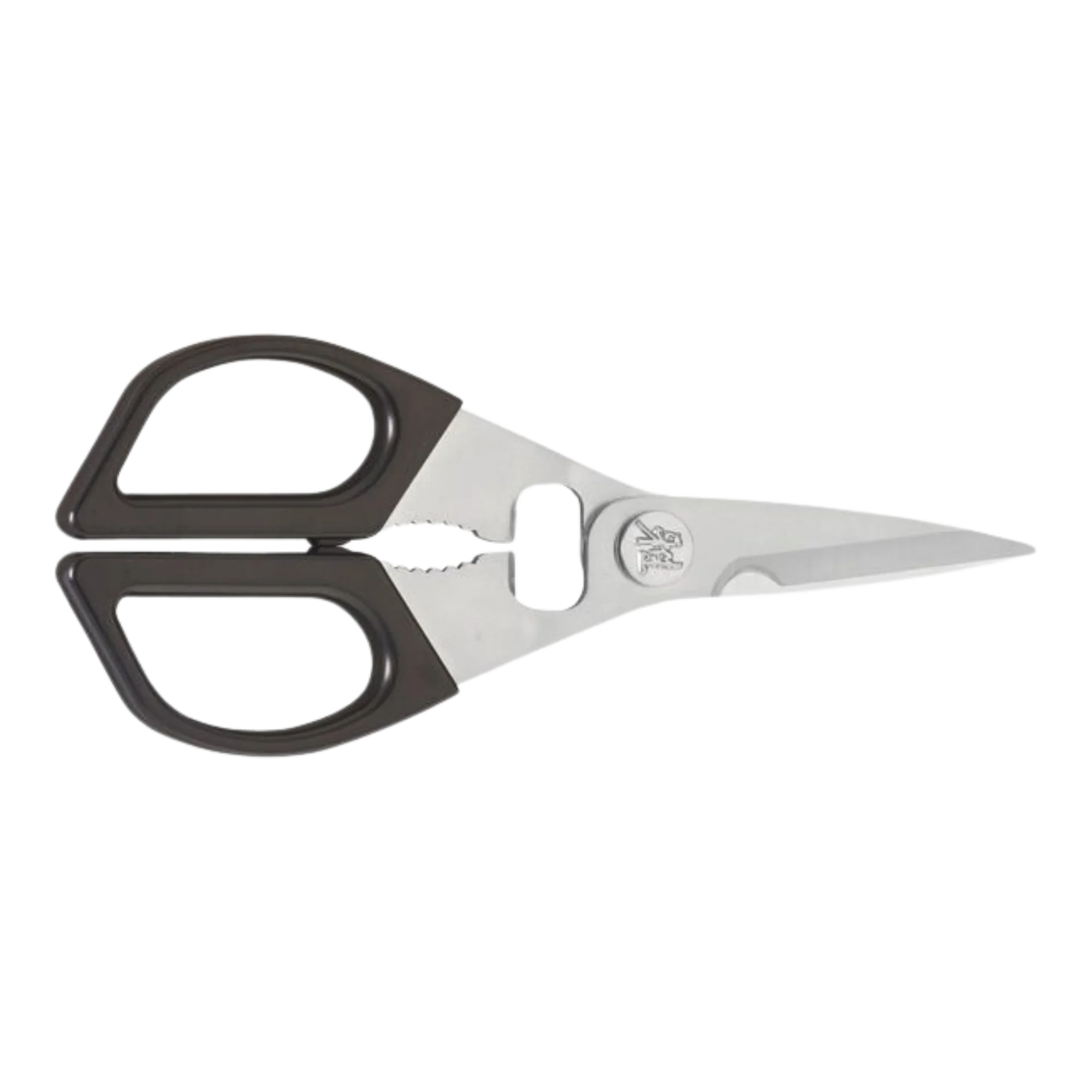 Stainless steel outdoor shears with black handles, ideal for camping or hunting use