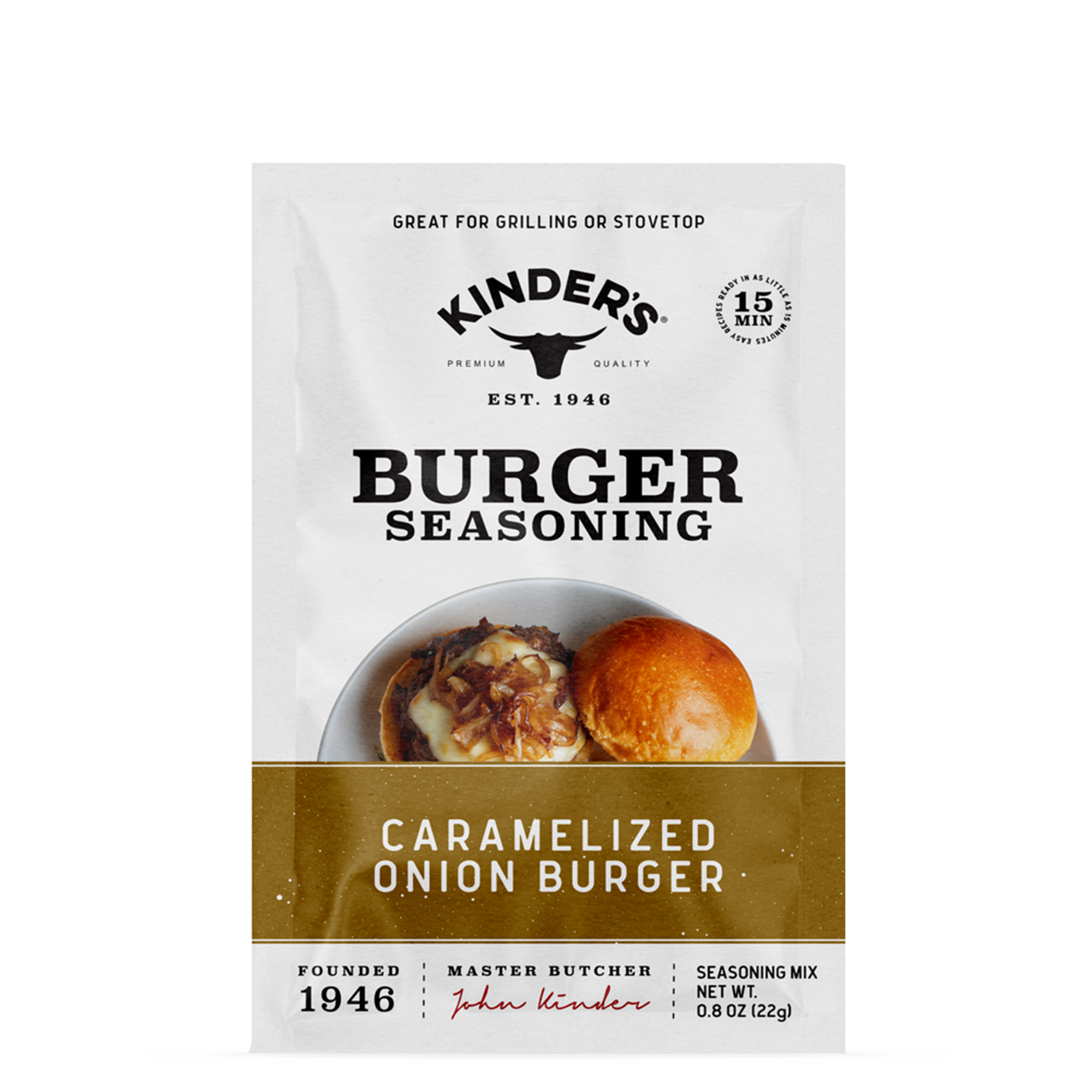 Kinder's caramelized onion burger seasoning mix packet with burger bun and onions