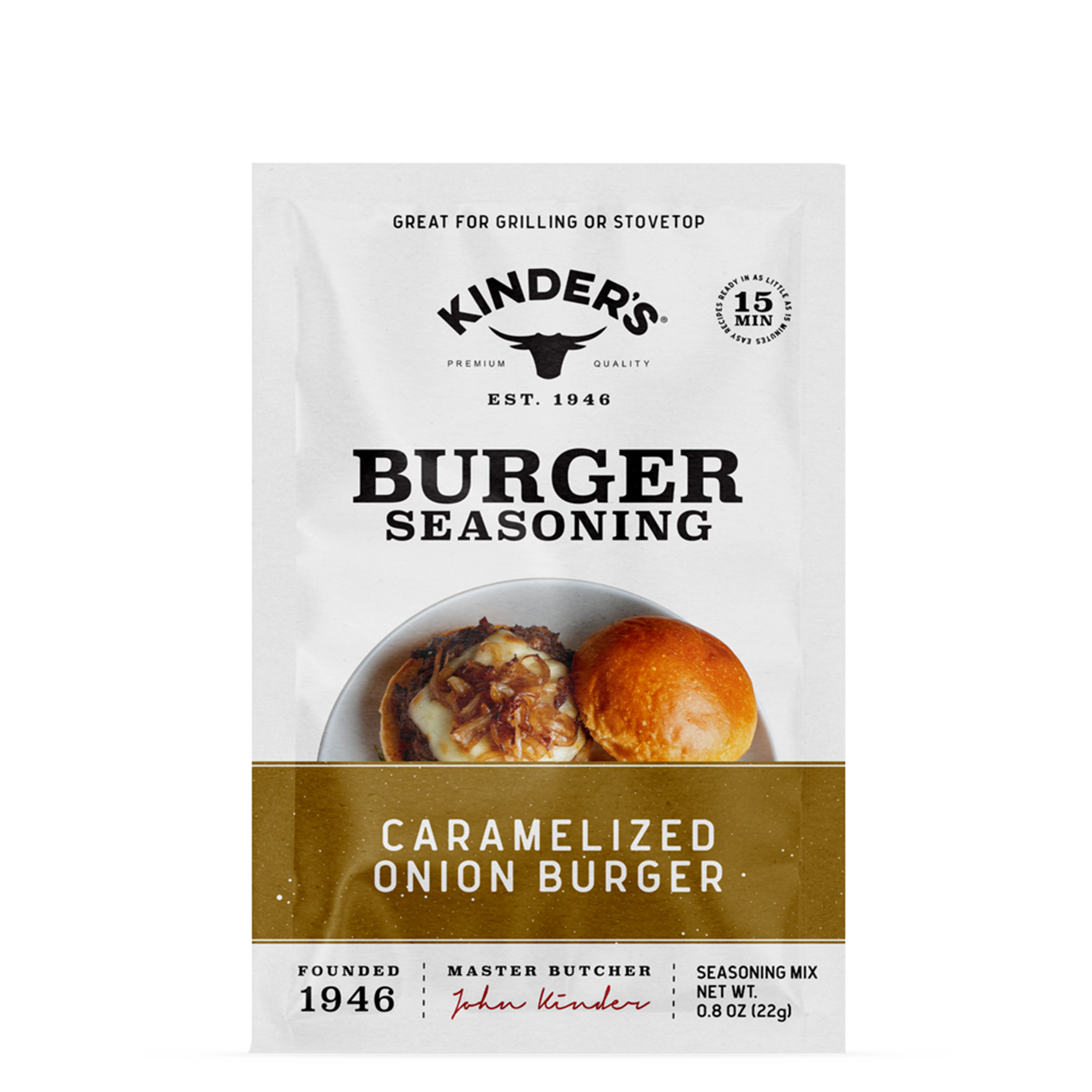 Kinder's caramelized onion burger seasoning mix packet with burger bun and onions