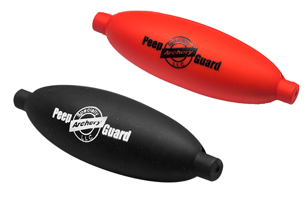 Red and black archery peep guards for bowstring protection on white background