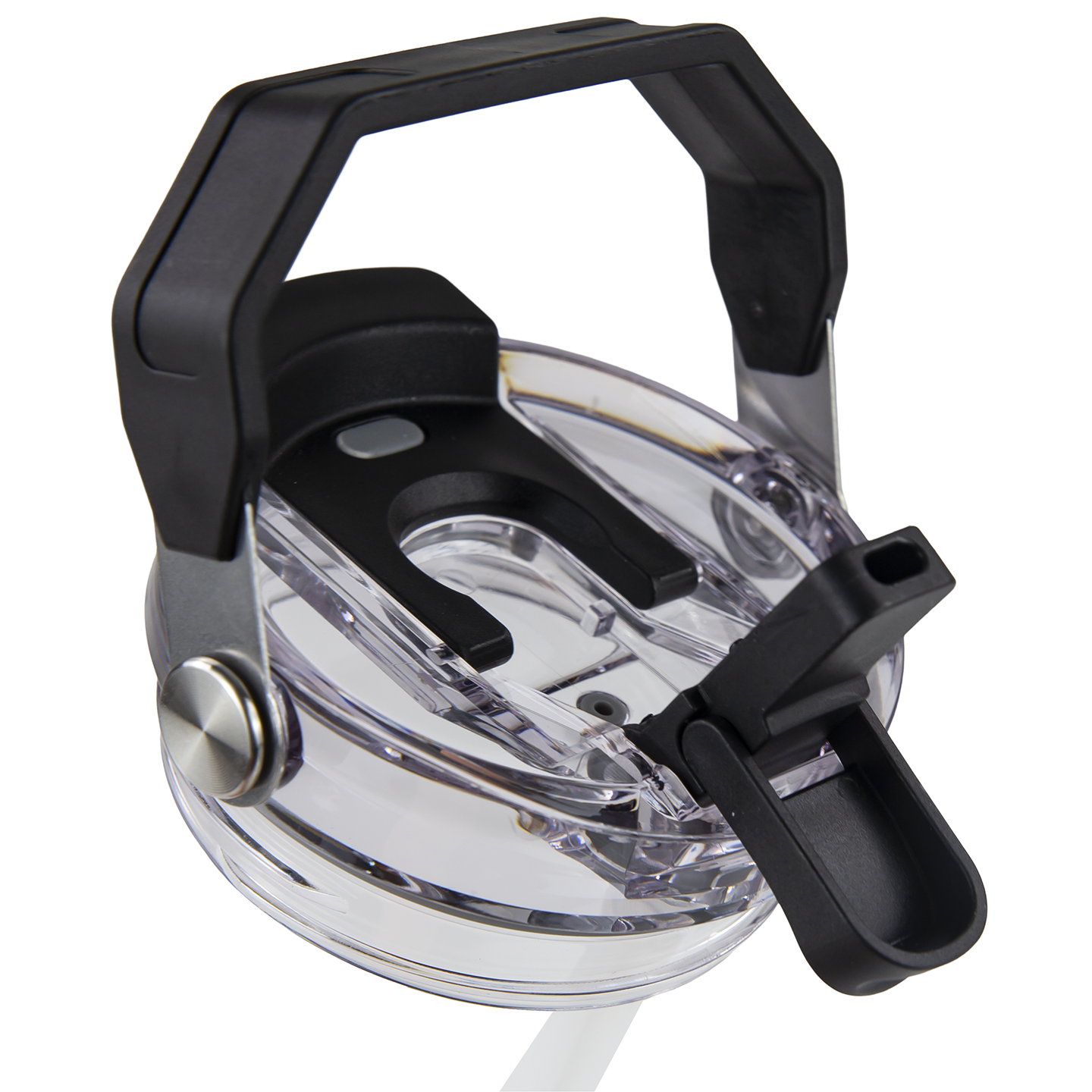 Clear insulated tumbler lid with black handle and flip-top spout for outdoor use