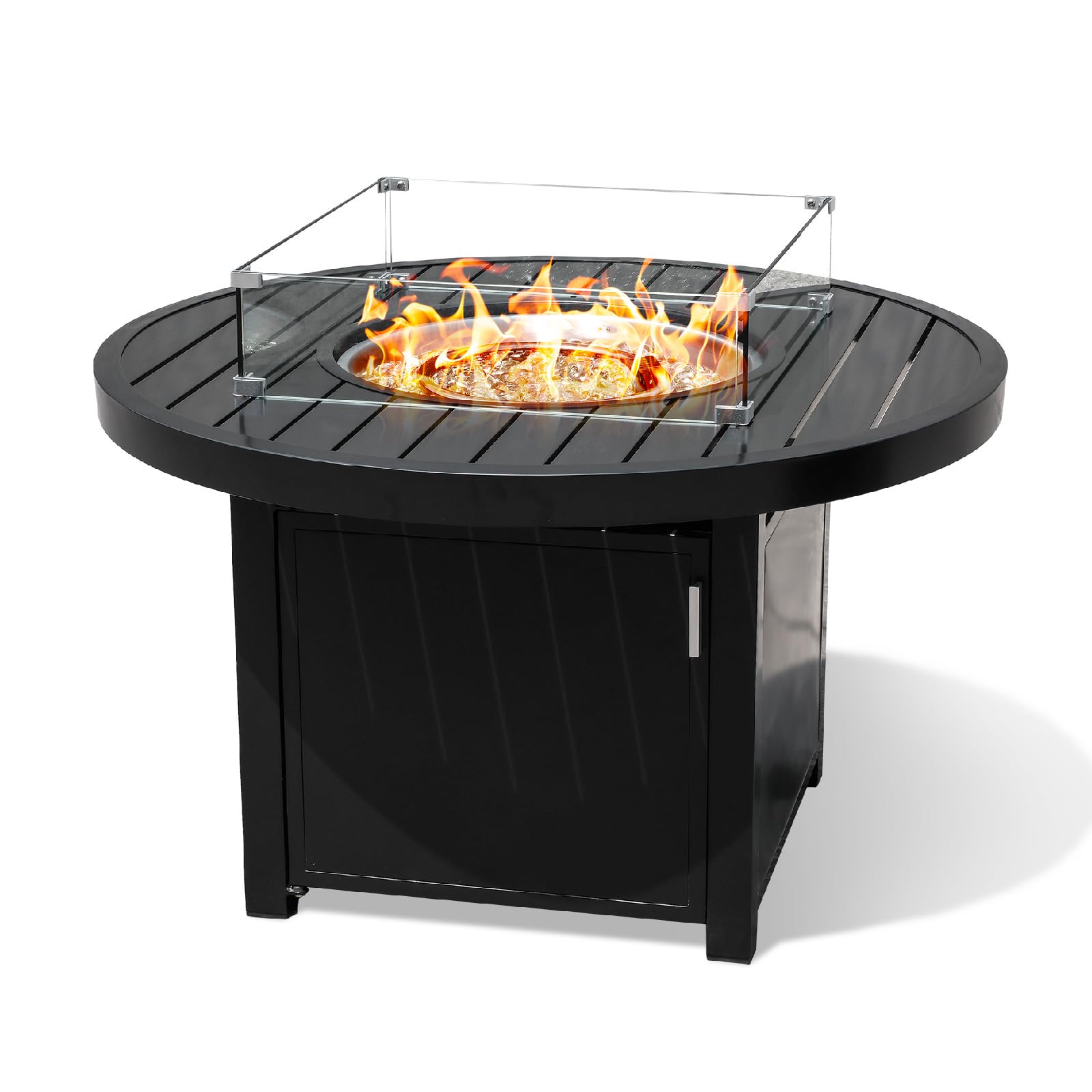 Black outdoor propane fire pit table with glass wind guard and visible flames