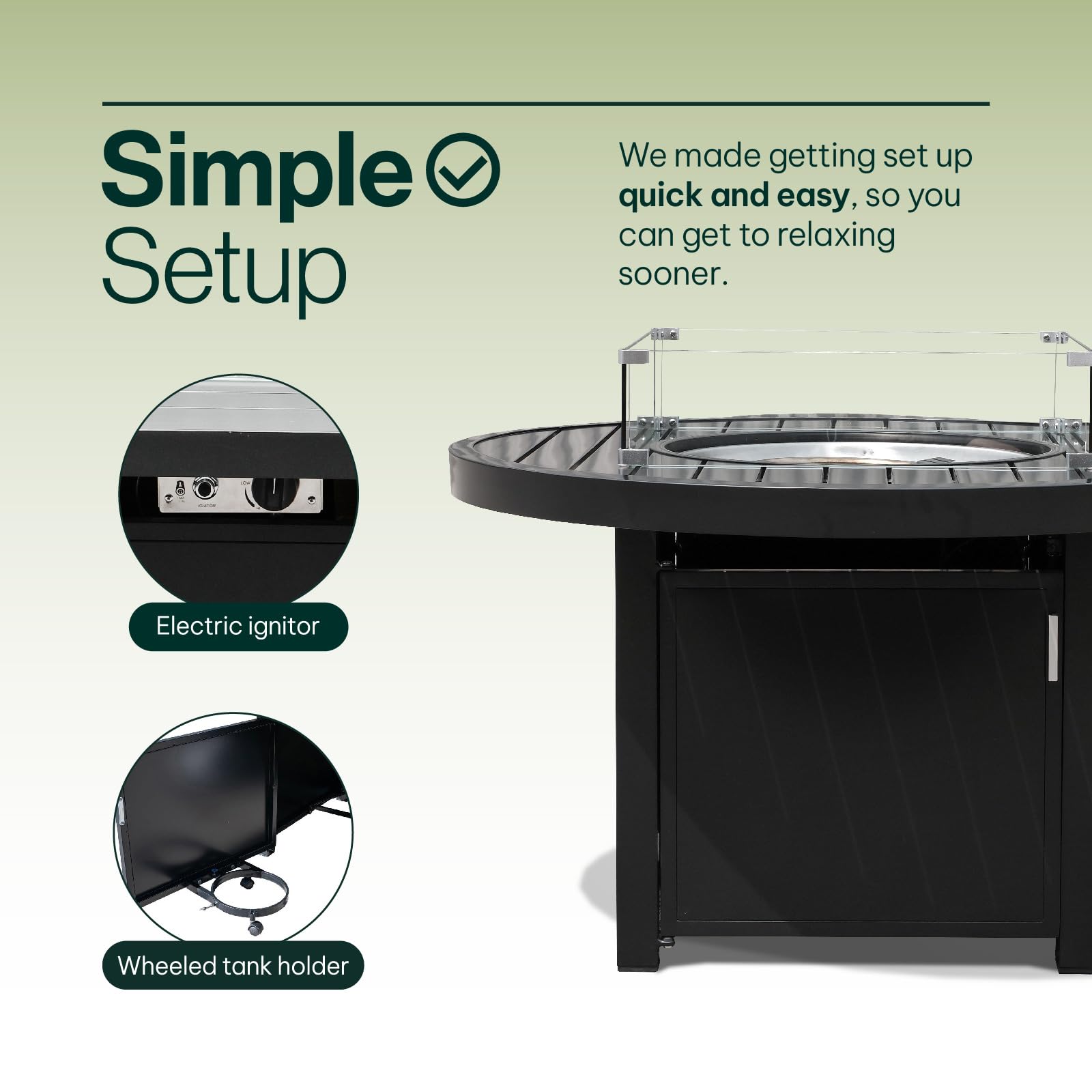 Outdoor gas fire pit with glass wind guard, electric ignitor, and wheeled tank holder.