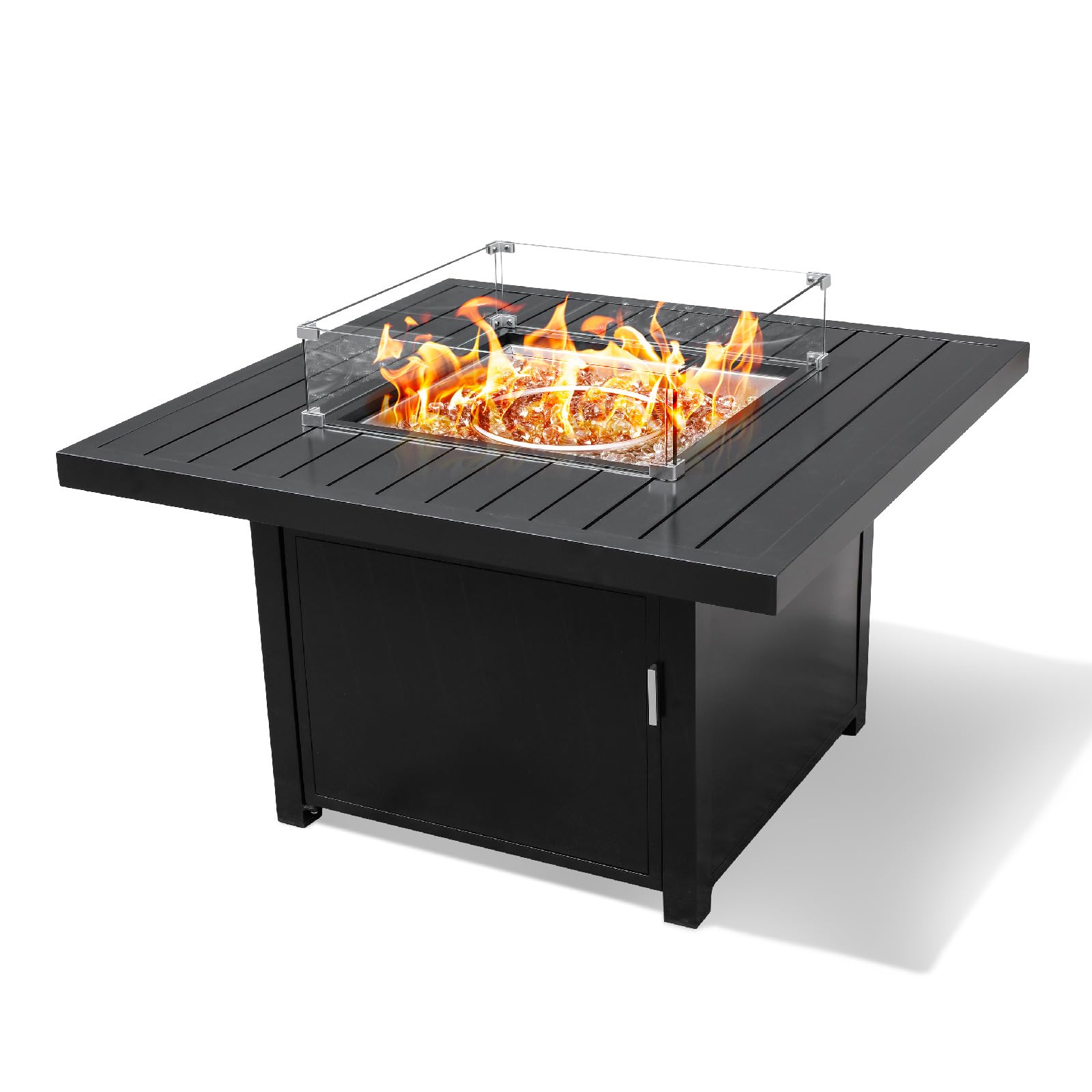 Outdoor square propane fire pit table with glass wind guard and black metal base