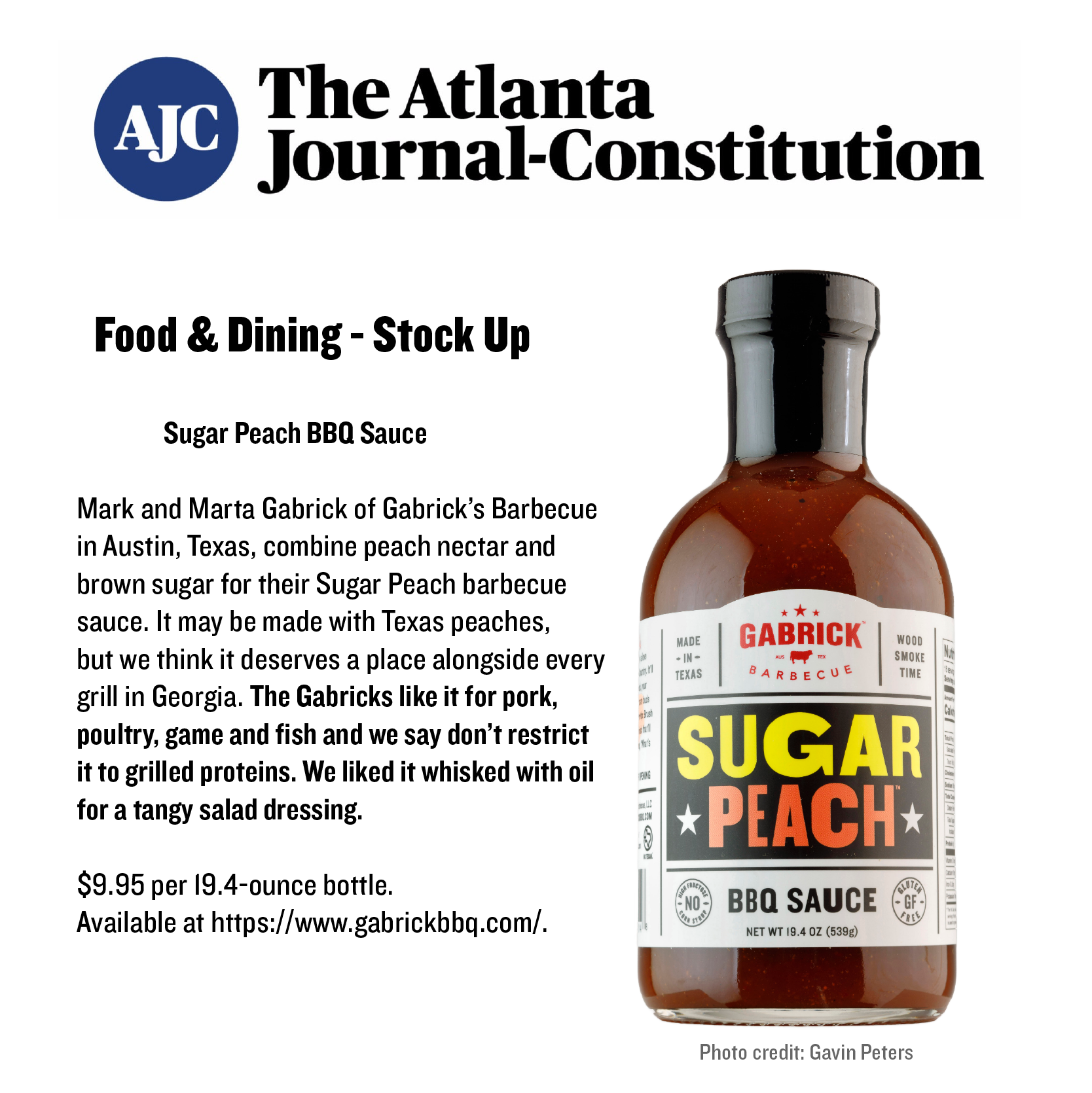 Sugar Peach BBQ sauce bottle with product description and Atlanta Journal-Constitution logo, promoting barbecue sauce for grilling and dining.