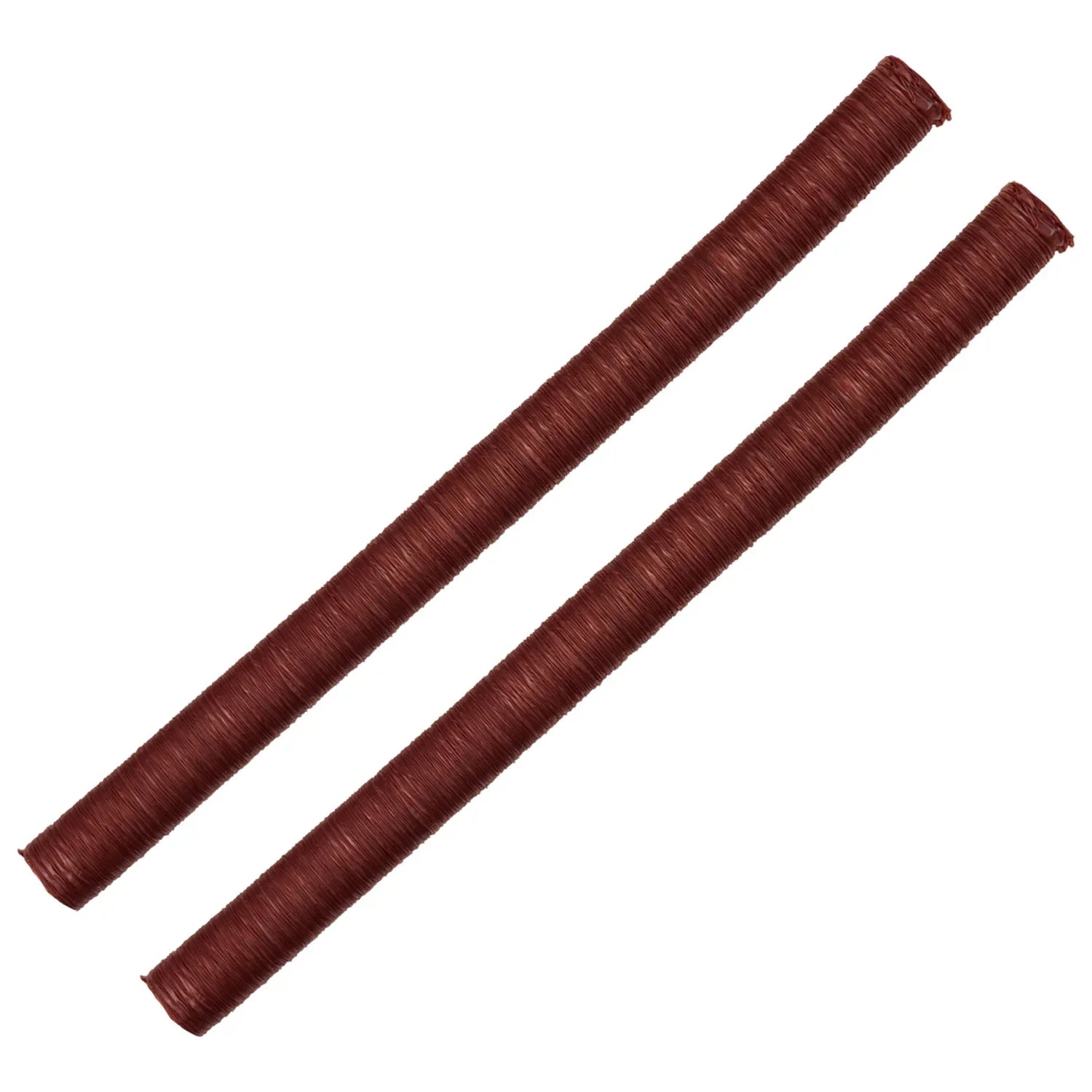 Pair of brown archery bow handle grips with textured surface on white background