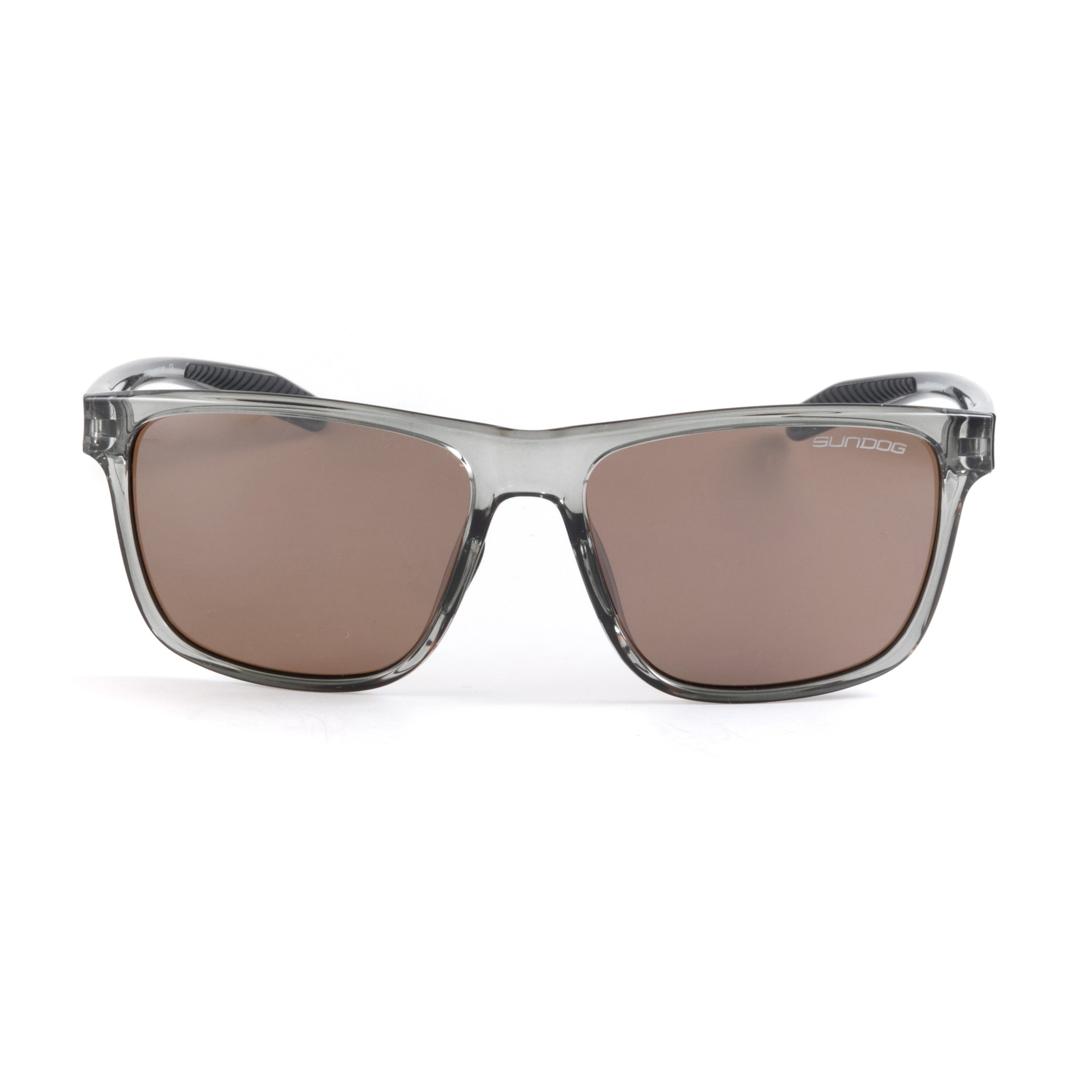 Front view of grey frame sunglasses with brown polarized lenses for outdoor use