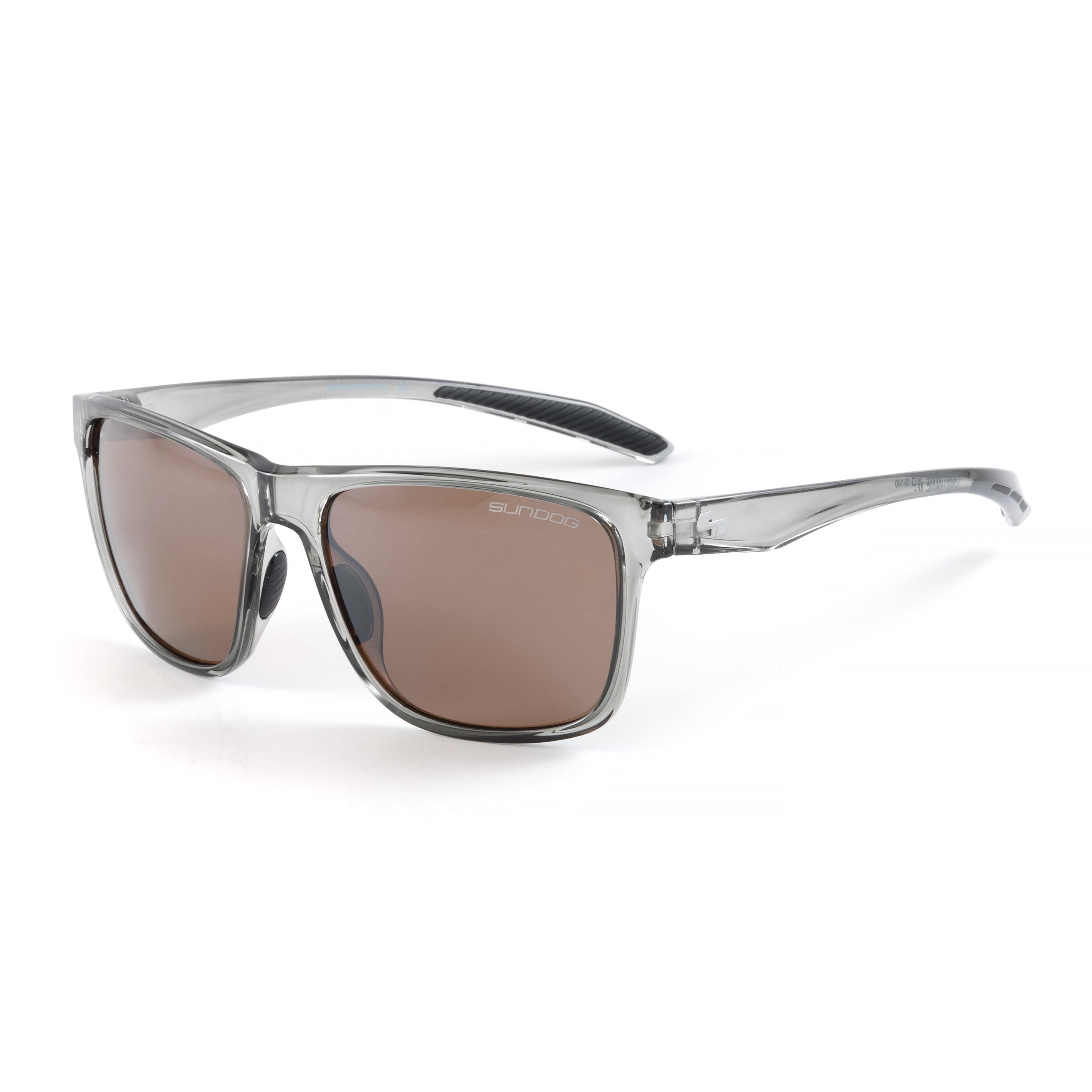 Outdoor sunglasses with grey translucent frame and brown lenses on white background