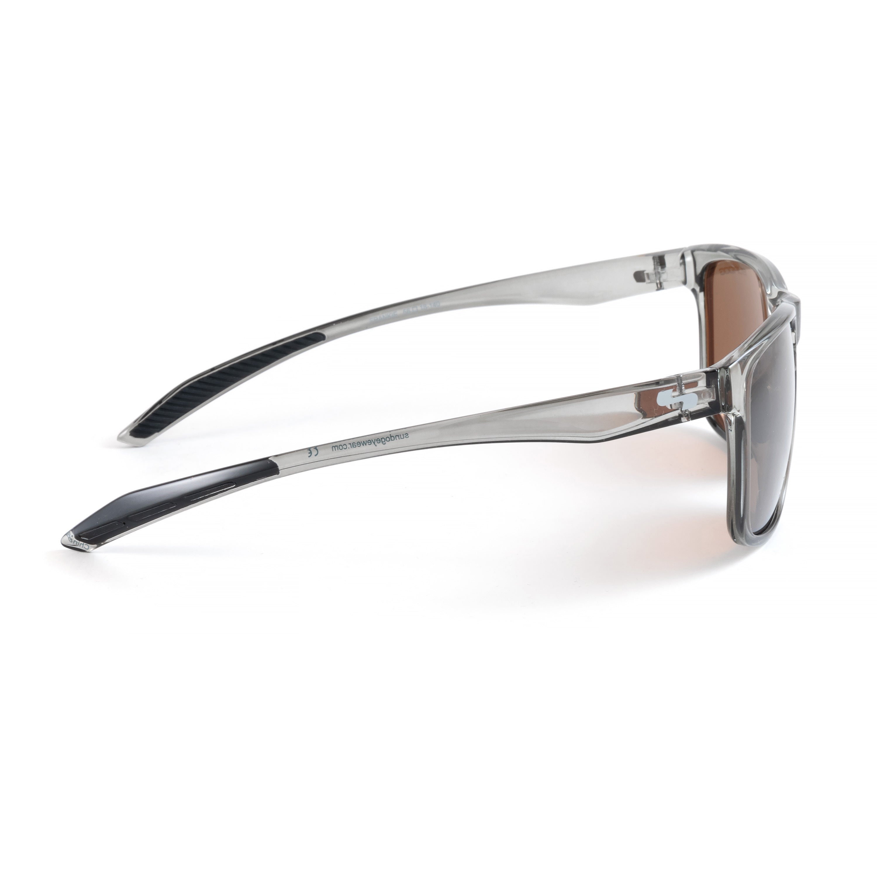 Side view of clear frame outdoor sunglasses with brown tinted lenses on white background