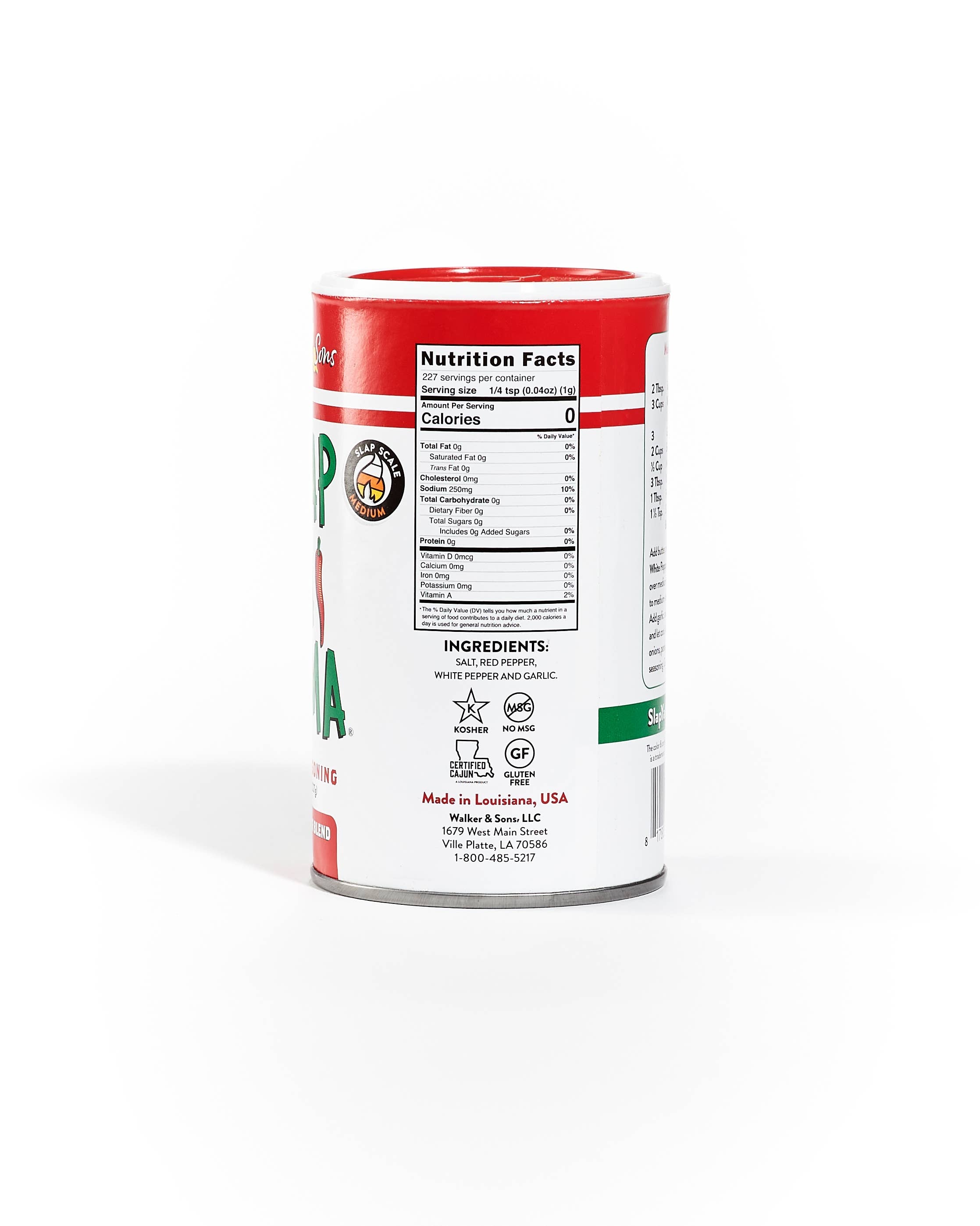 Seasoning container with nutrition facts, kosher and gluten free labels, and ingredient list