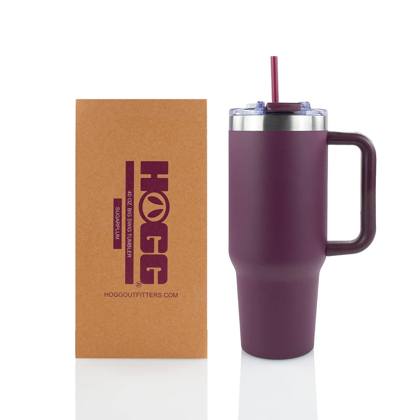 Large purple insulated tumbler with handle, matching straw, and product box for outdoor use