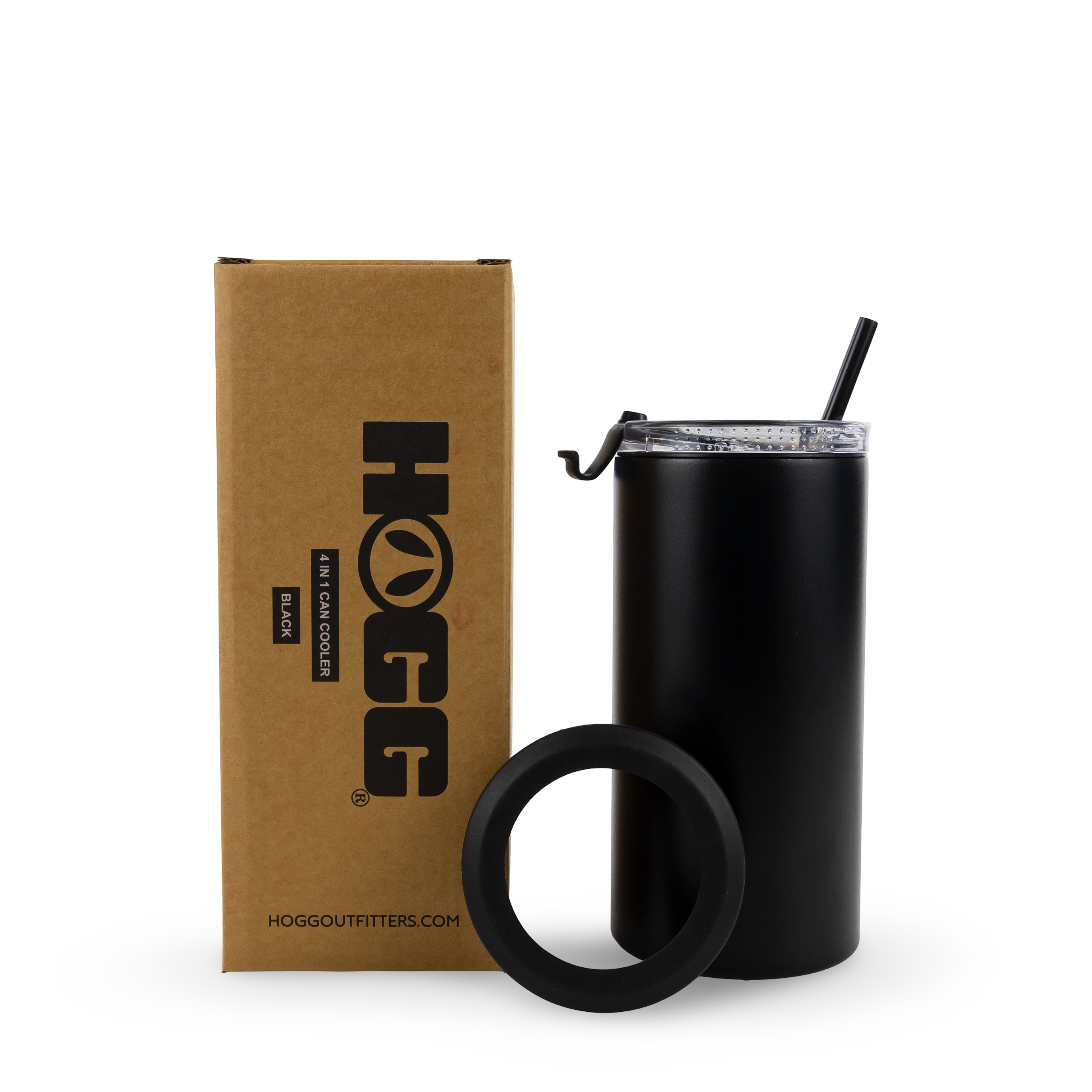 Black 4-in-1 insulated can cooler tumbler with straw, lid, and packaging box