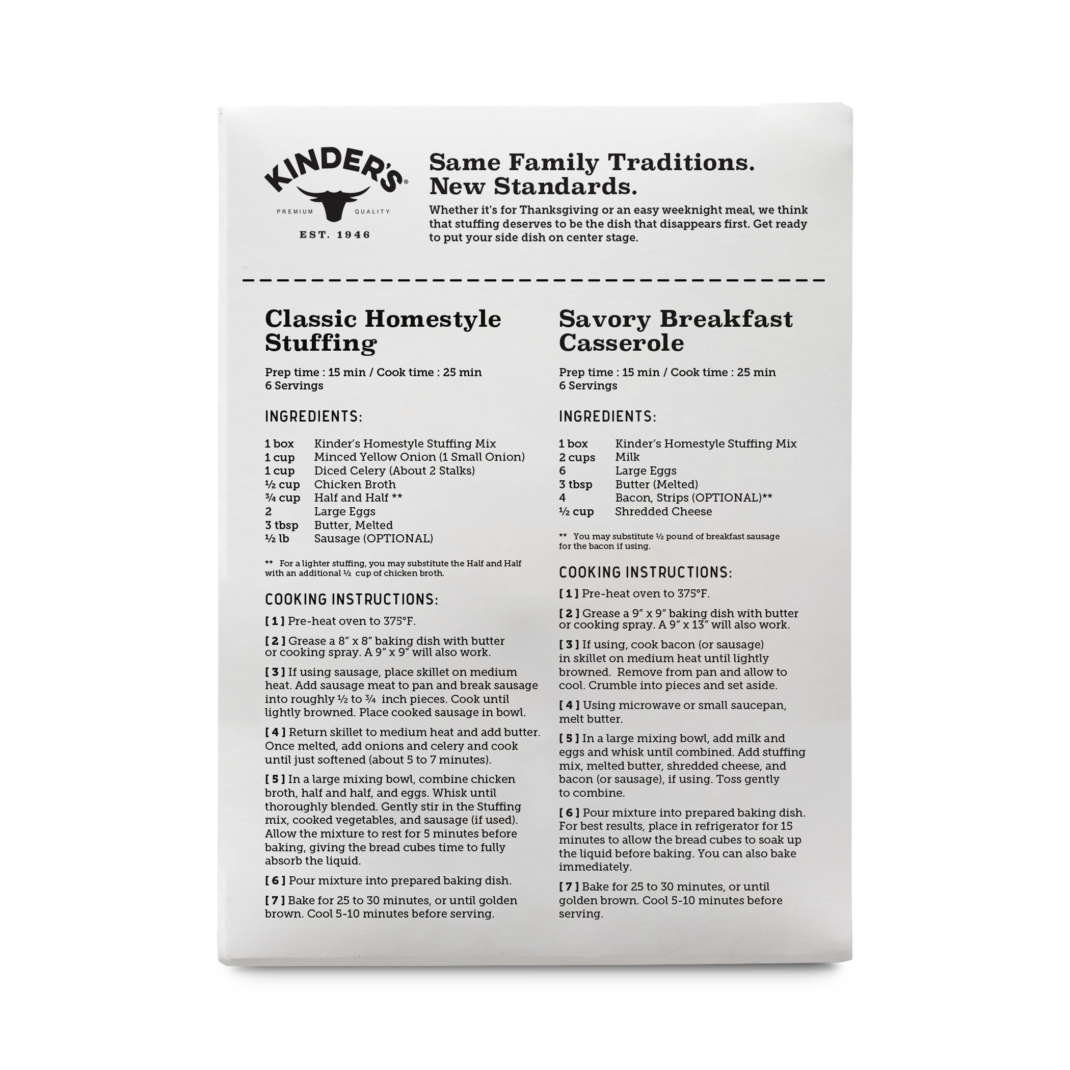 Recipe card with instructions for classic homestyle stuffing and savory breakfast casserole, placed on a black background.
