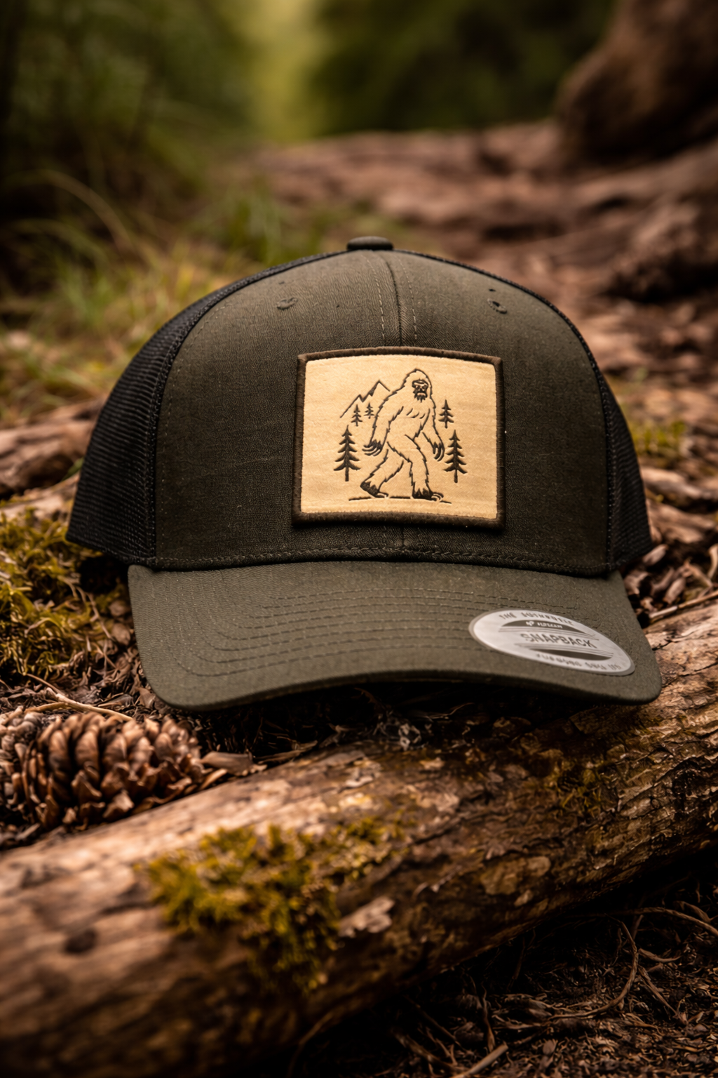 Green outdoor cap with mesh back and Bigfoot patch on forest trail, ideal for camping