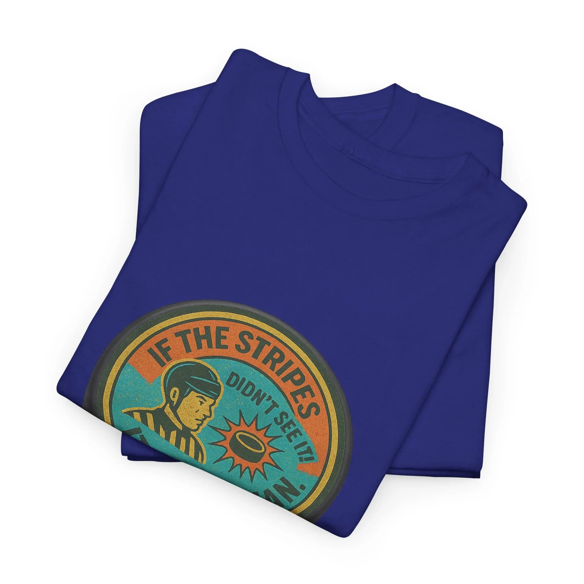 Folded blue graphic T-shirt with vintage hockey referee and puck design, outdoor apparel
