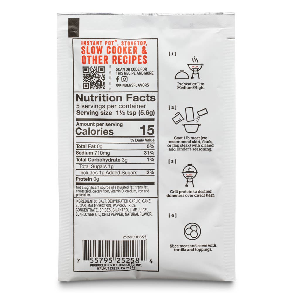 Back of seasoning packet showing nutrition facts, grill instructions, and ingredient list.