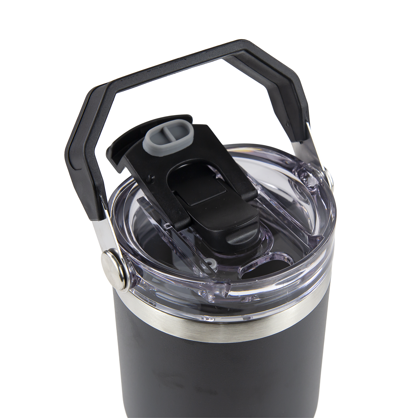 Black insulated travel mug with clear lid and flip-top handle, outdoor camping gear