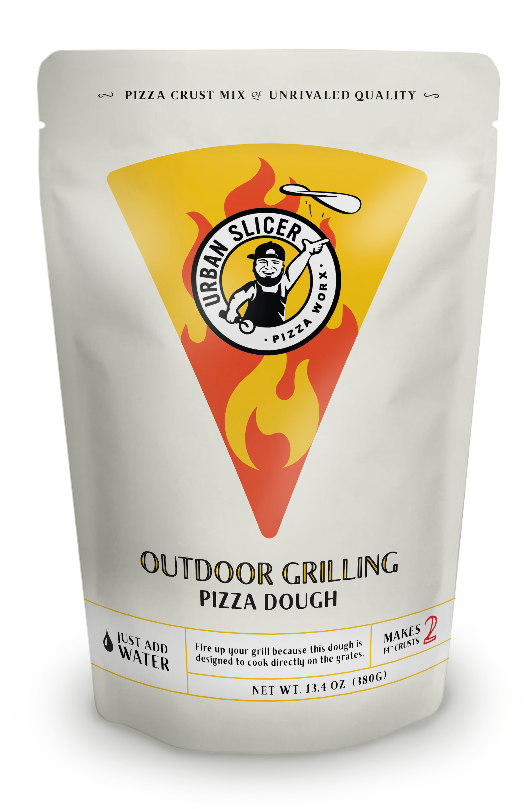 Pouch of outdoor grilling pizza dough mix, Urban Slicer brand, flame graphic, 13.4 oz
