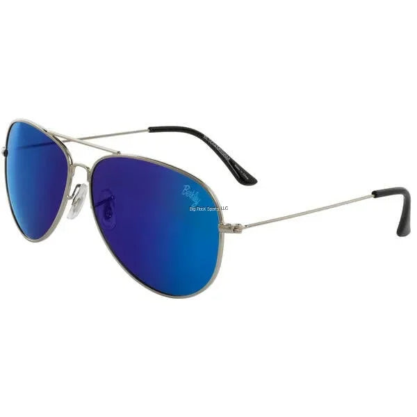 Aviator sunglasses with blue mirrored lenses and silver metal frame on white background.