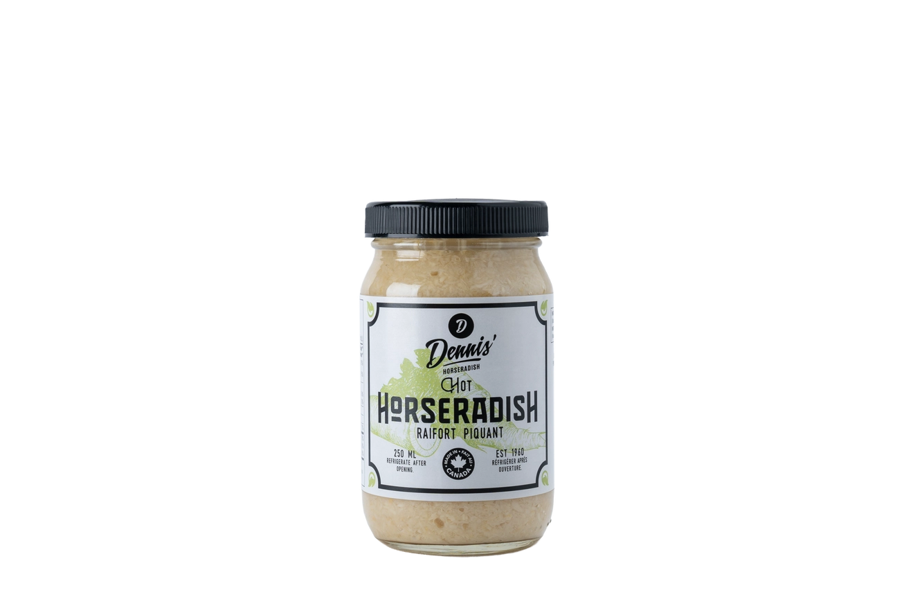 Jar of Dennis' Hot Horseradish with black lid and white label, isolated on white background