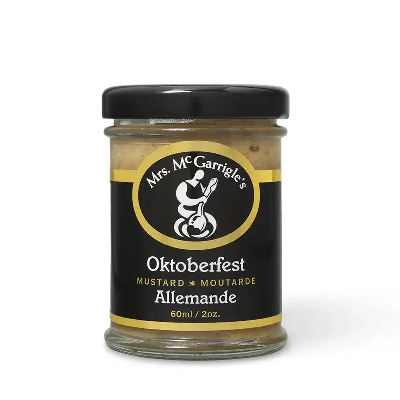 Jar of Mrs. McGarrigle's Oktoberfest German mustard 60ml with black and gold label
