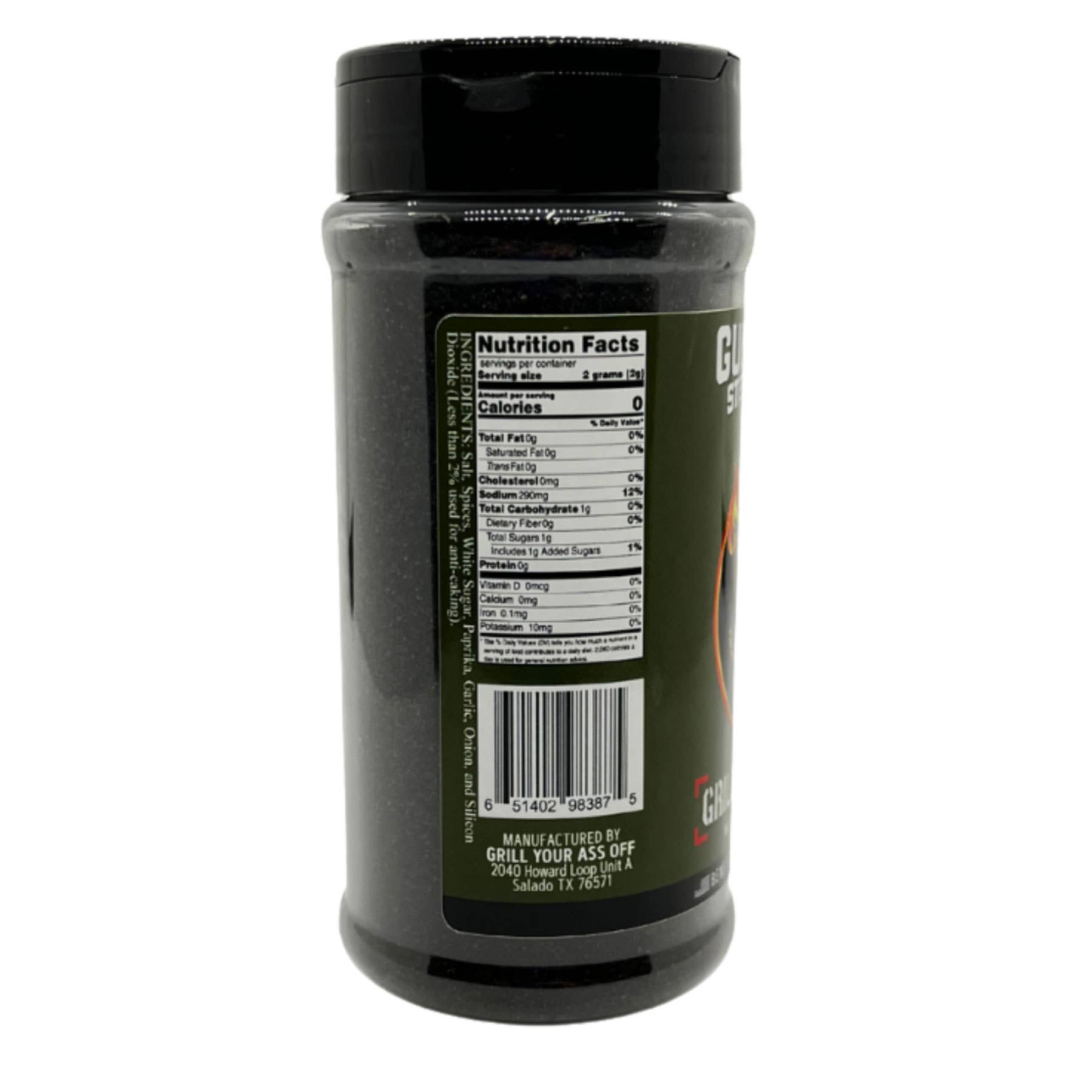 Outdoor spice seasoning bottle with nutrition facts label, black cap, green label, side view