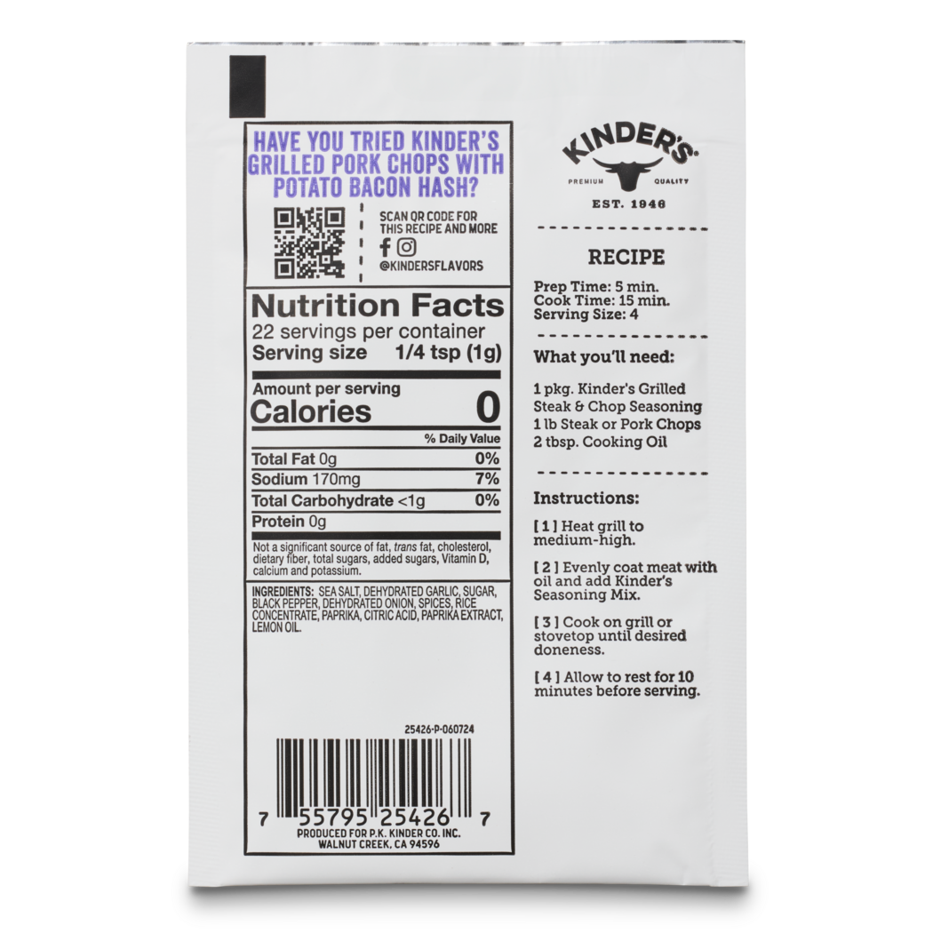 Kinders Grilled Steak & Chop Seasoning packet back with nutrition facts, recipe, and barcode.