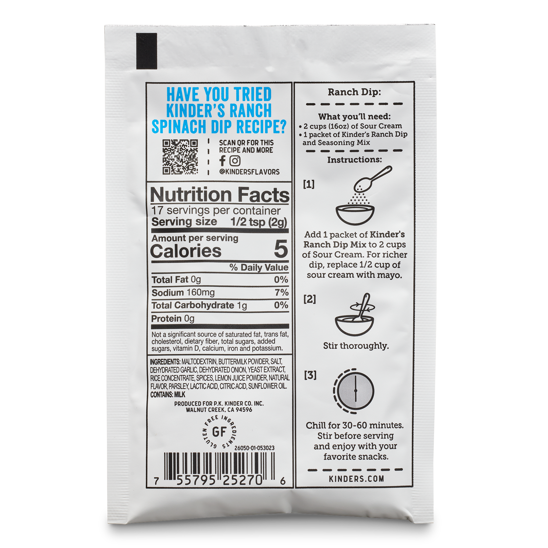 Back of ranch dip seasoning packet with nutrition facts, ingredients, and dip instructions